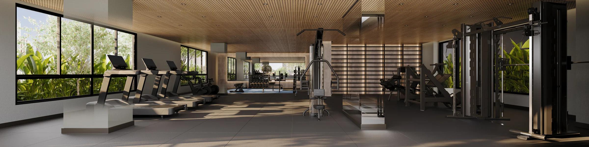 Academia equipada com esteiras, aparelhos de musculação e forro de madeira