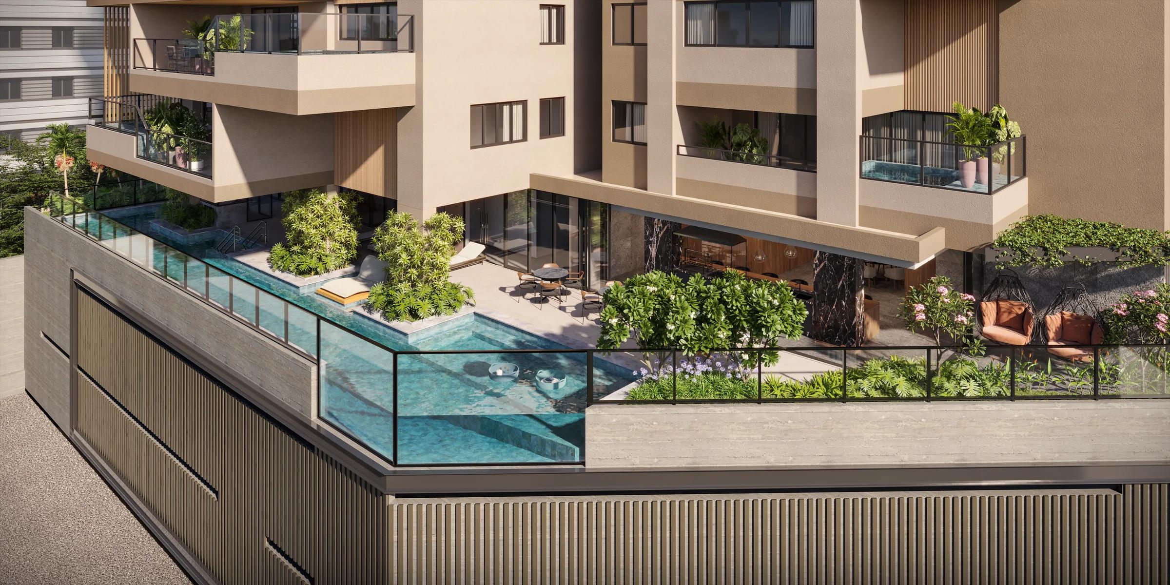 Deck da piscina com vista panorâmica e jardim integrado