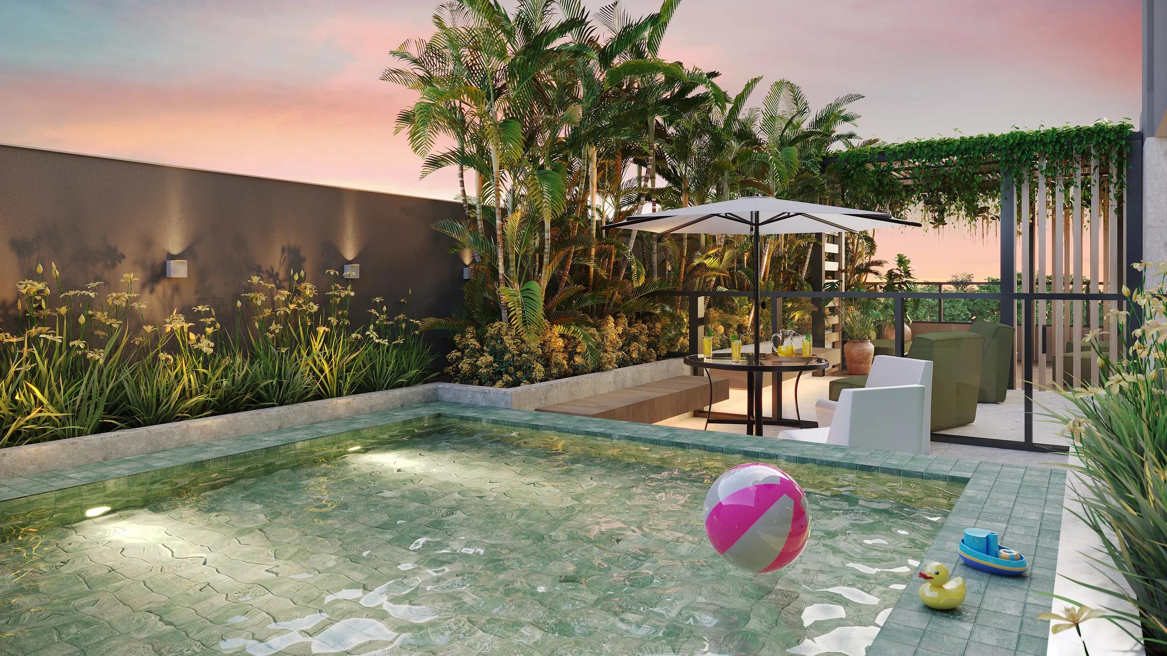 Perspectiva da piscina infantil com brinquedo flutuante e deck