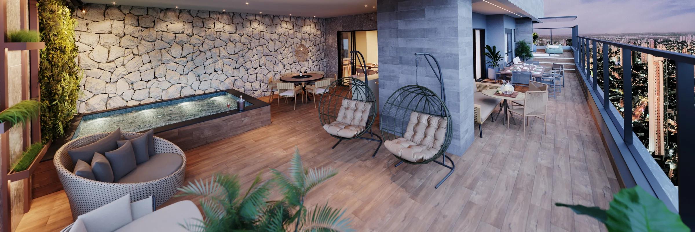 Terraço nas alturas com piscina spa, parede de pedra natural e poltronas suspensas
