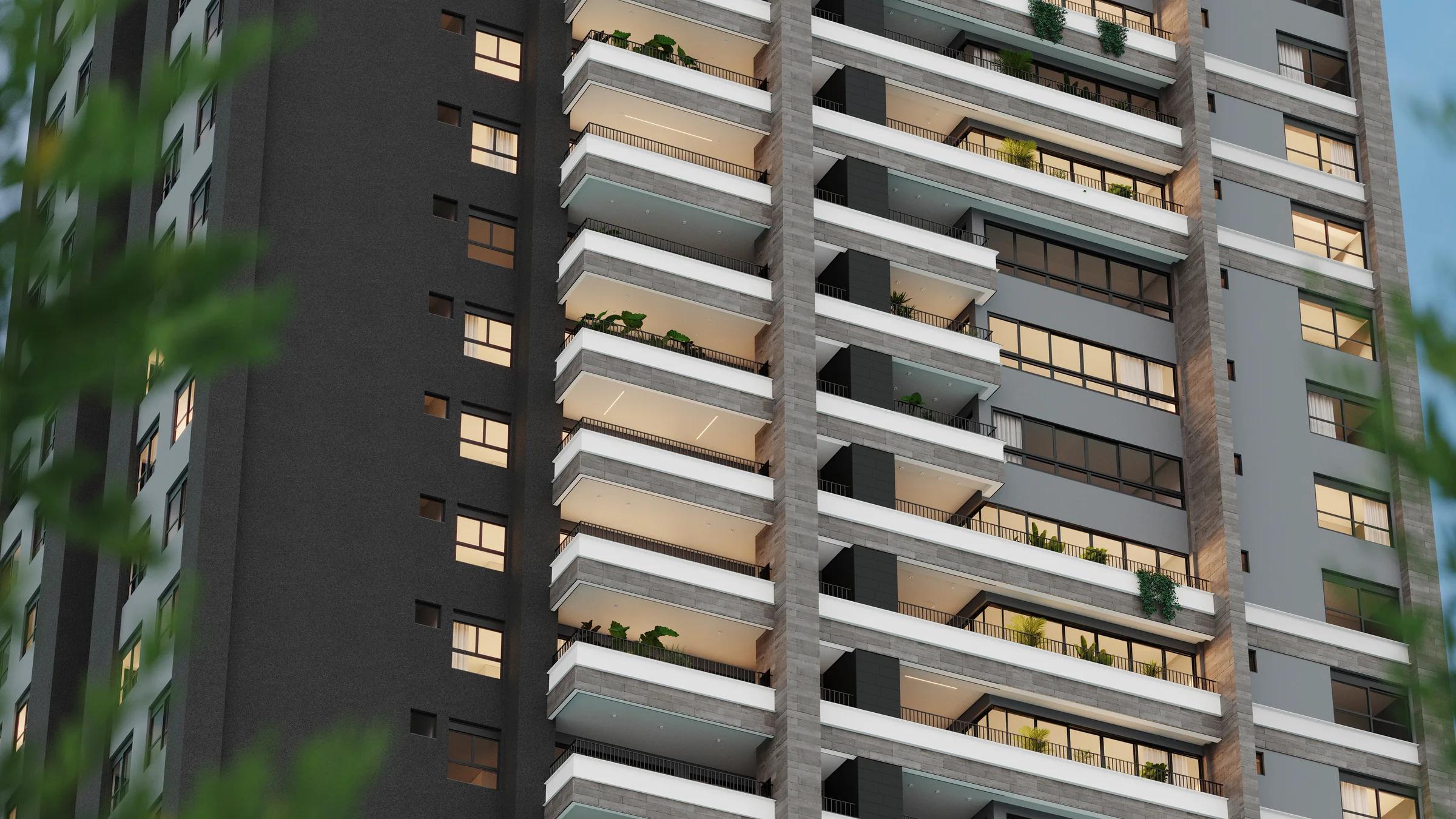 Vista em ângulo das varandas e detalhes arquitetônicos da fachada do edifício