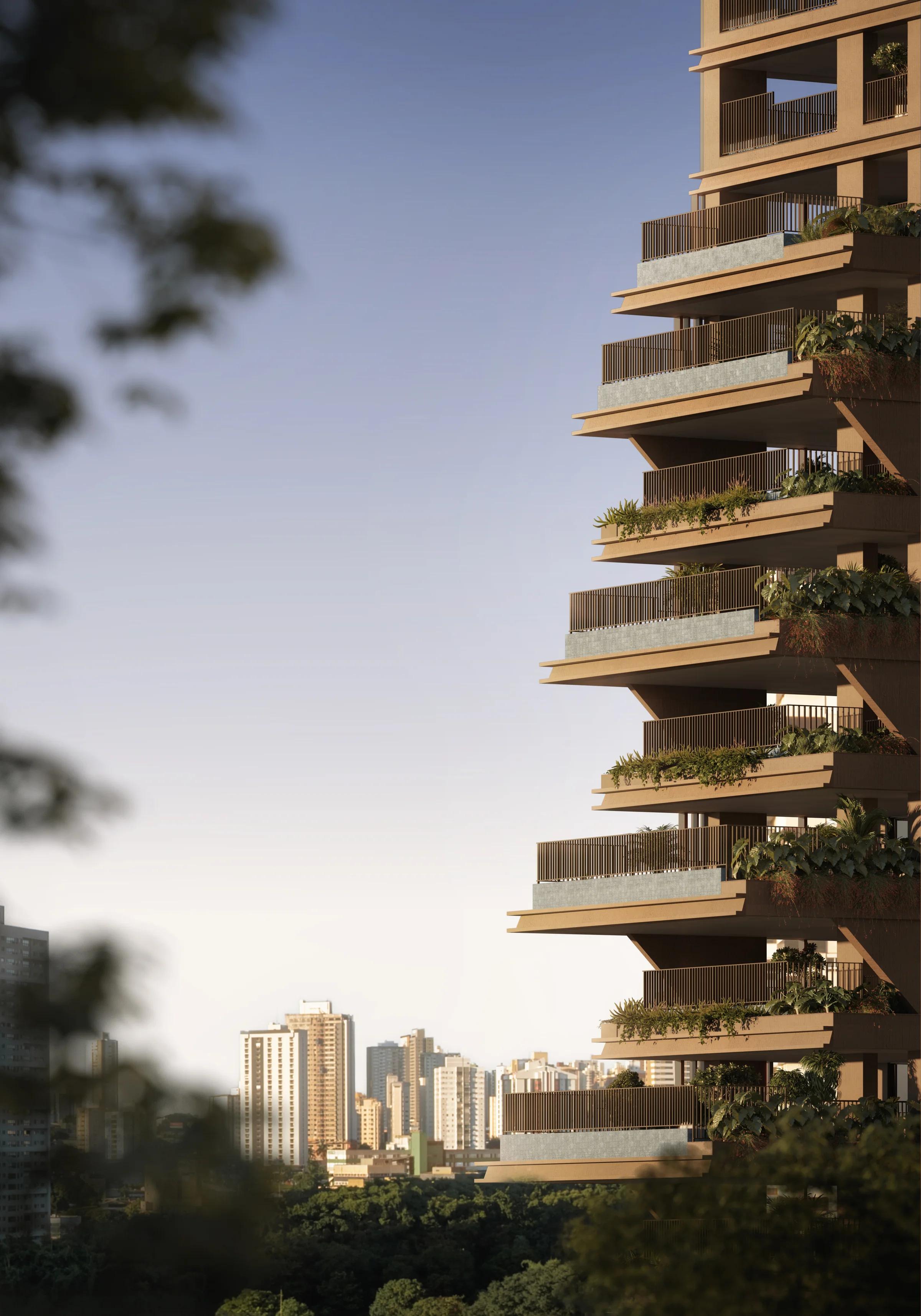 Vista aproximada das varandas em balanço com piscinas privativas e vegetação
