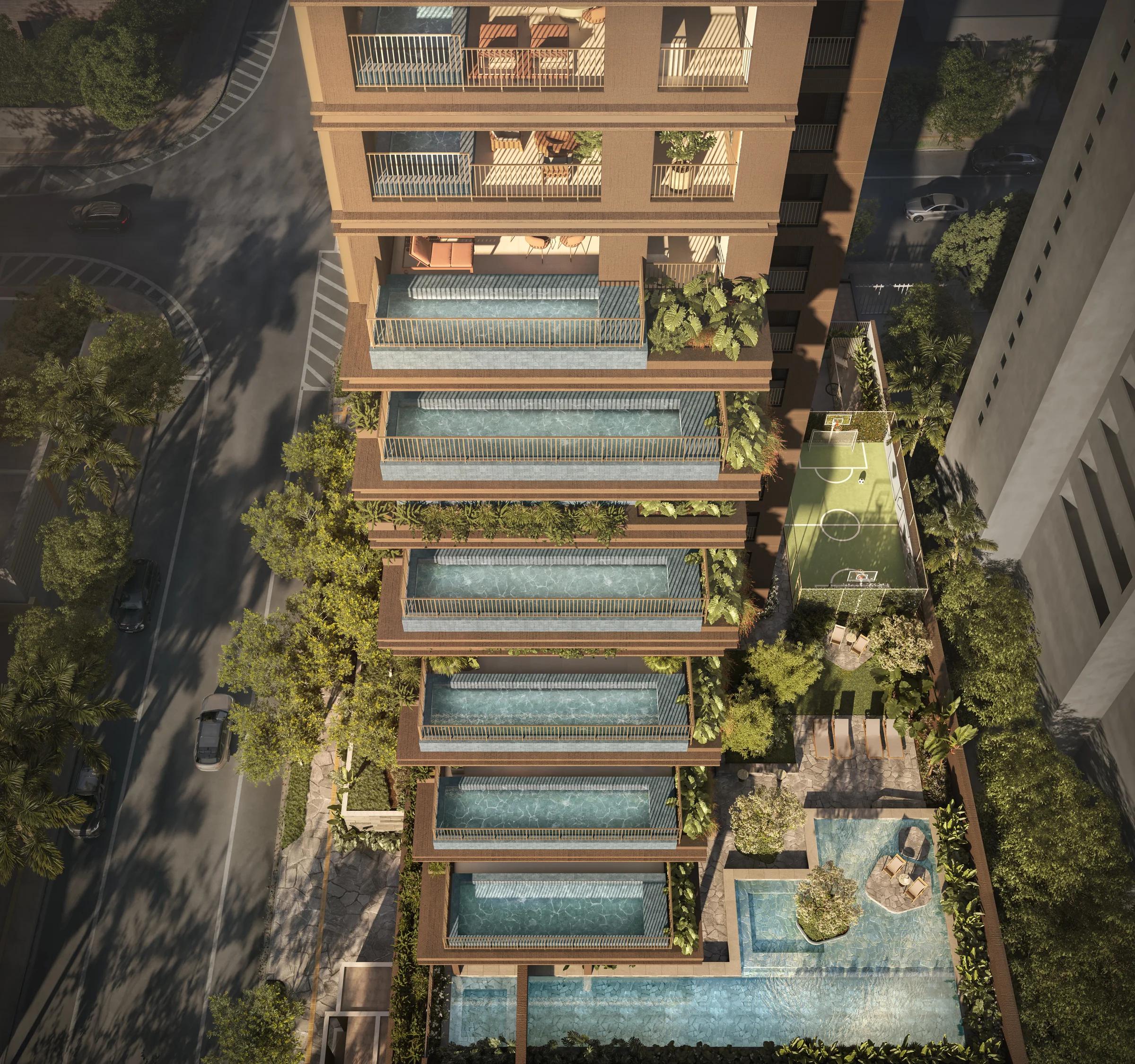 Vista aérea superior das varandas escalonadas com piscinas privativas do edifício