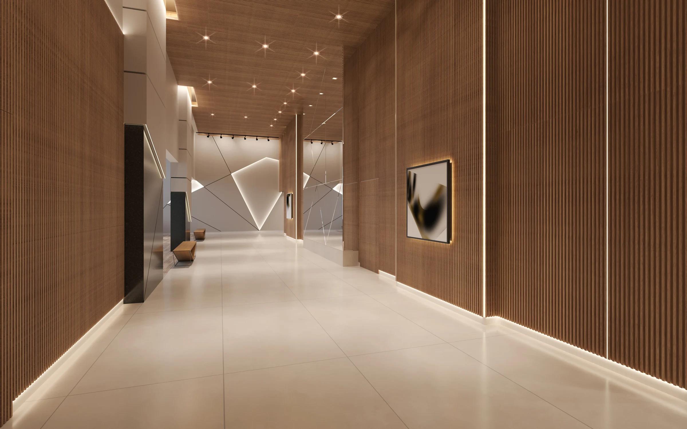Hall de entrada com pé-direito duplo, painéis de madeira ripada e iluminação linear
