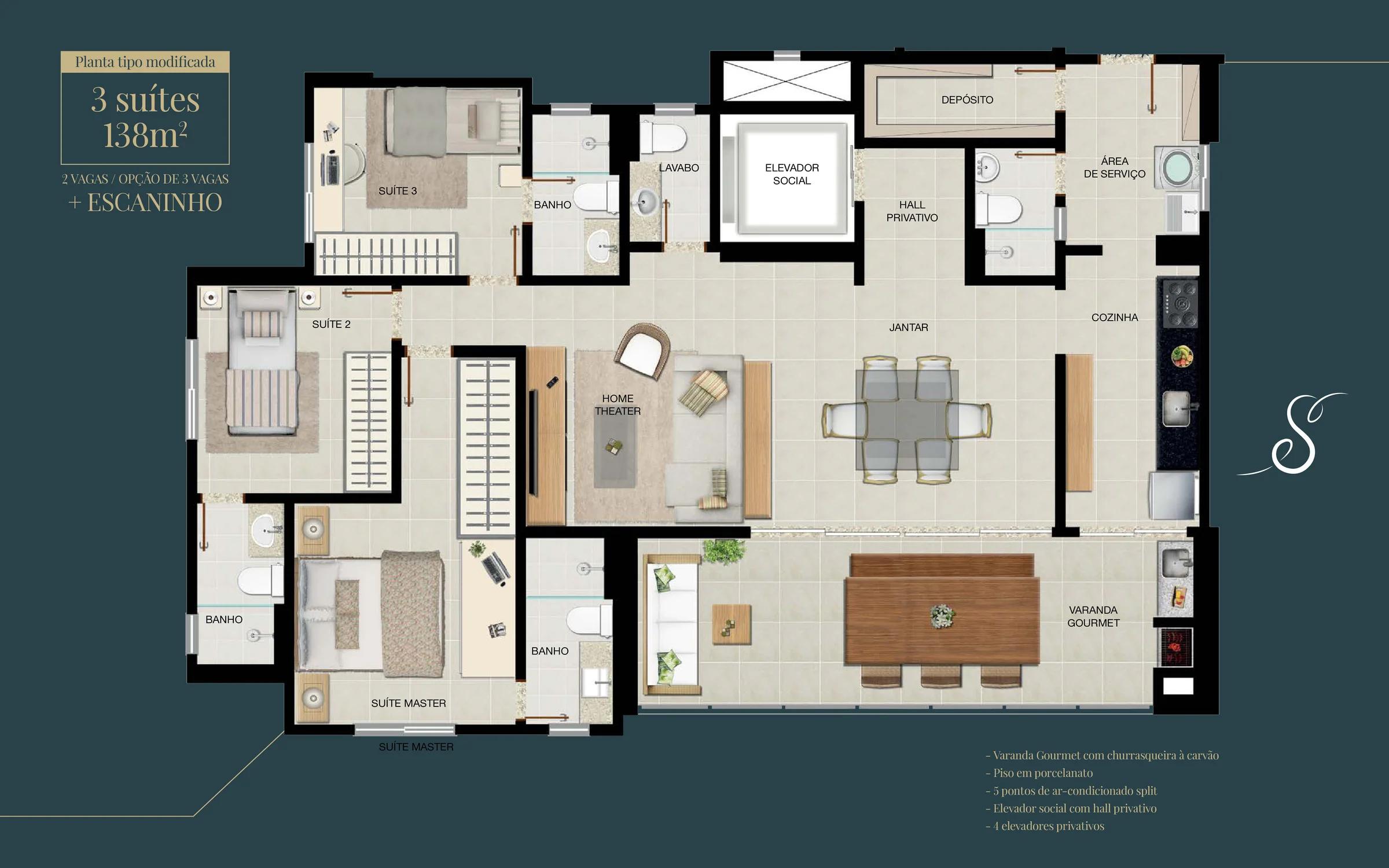 Planta — 3 Suítes — 138m²