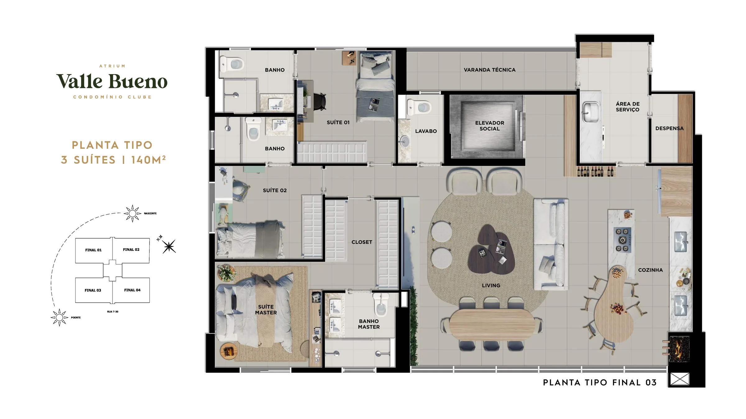 Planta — 3 Suítes — 140m²