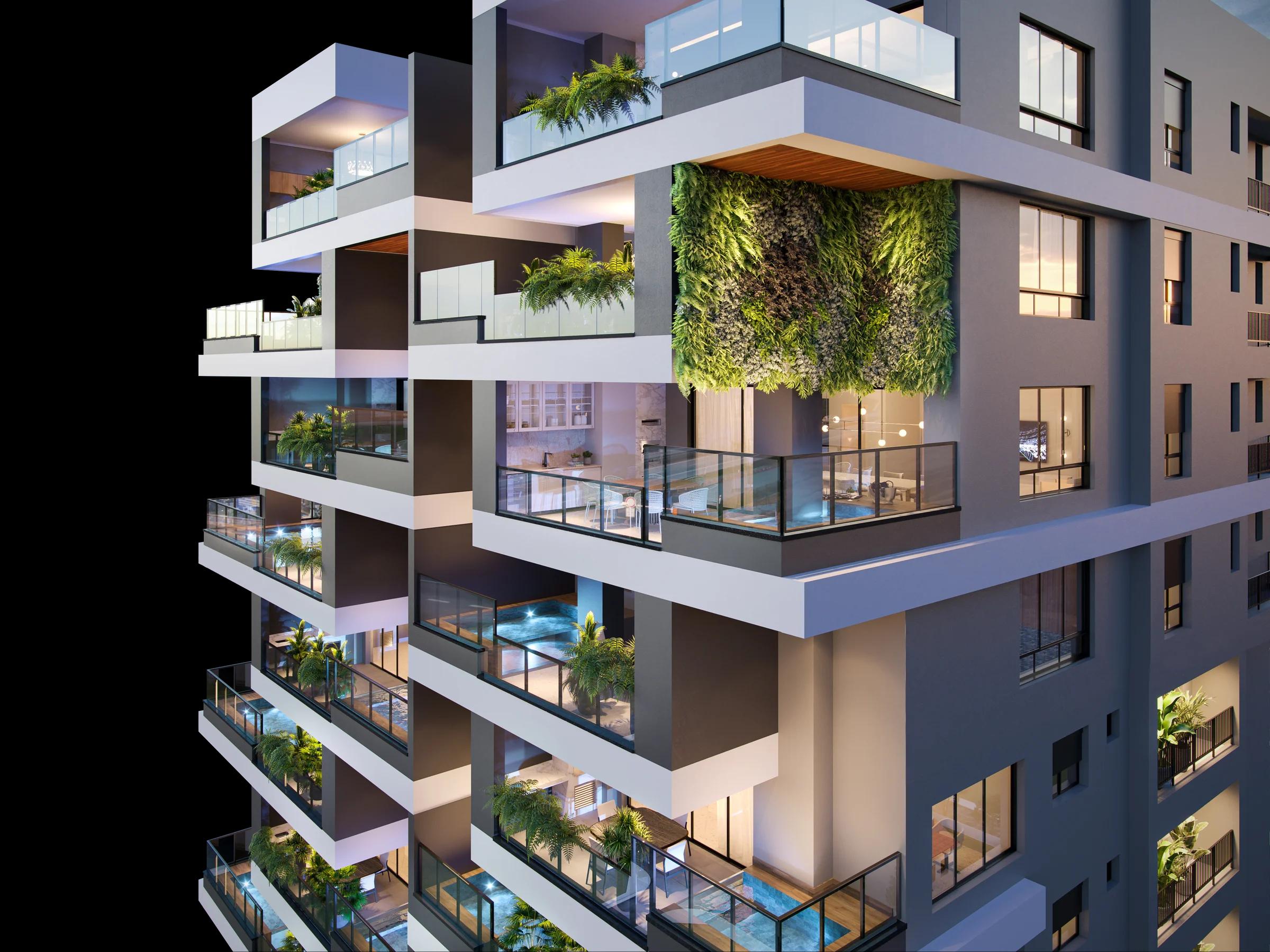 Detalhe da fachada com jardim vertical e varandas em balanço com piscinas privativas