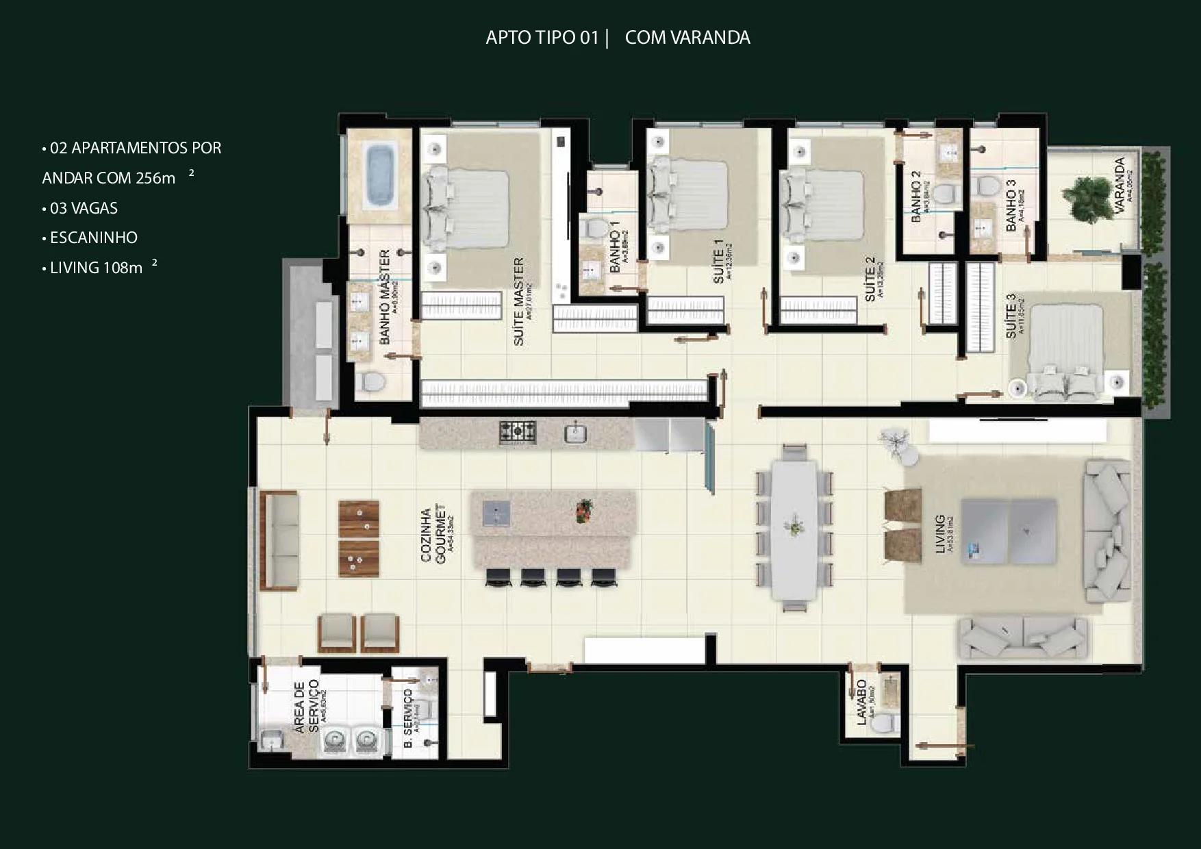 Planta — Apartamento 4 Suítes - 256m² — Pavimento inferior