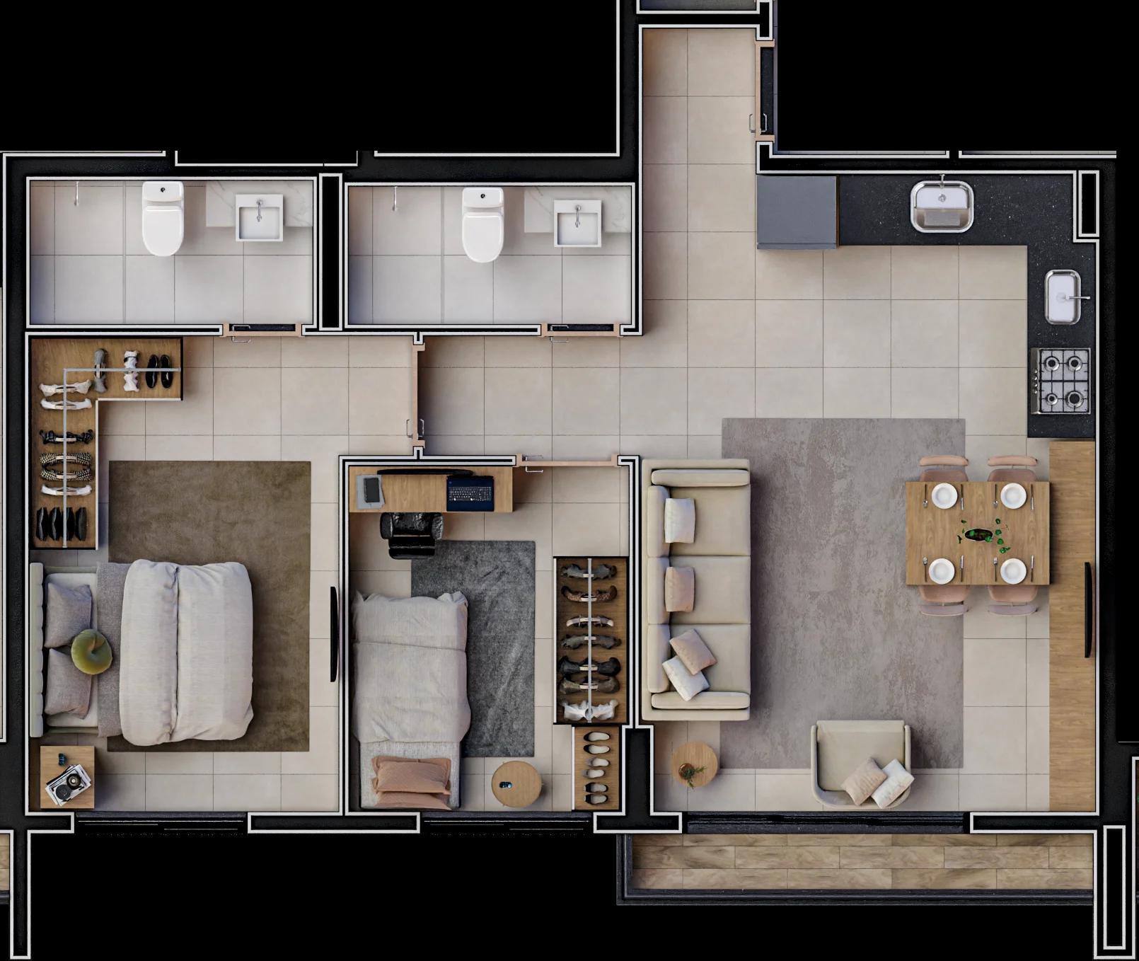 Planta — Apartamento 2 Quartos - 2Q Duo 59,57m² — Pavimento inferior