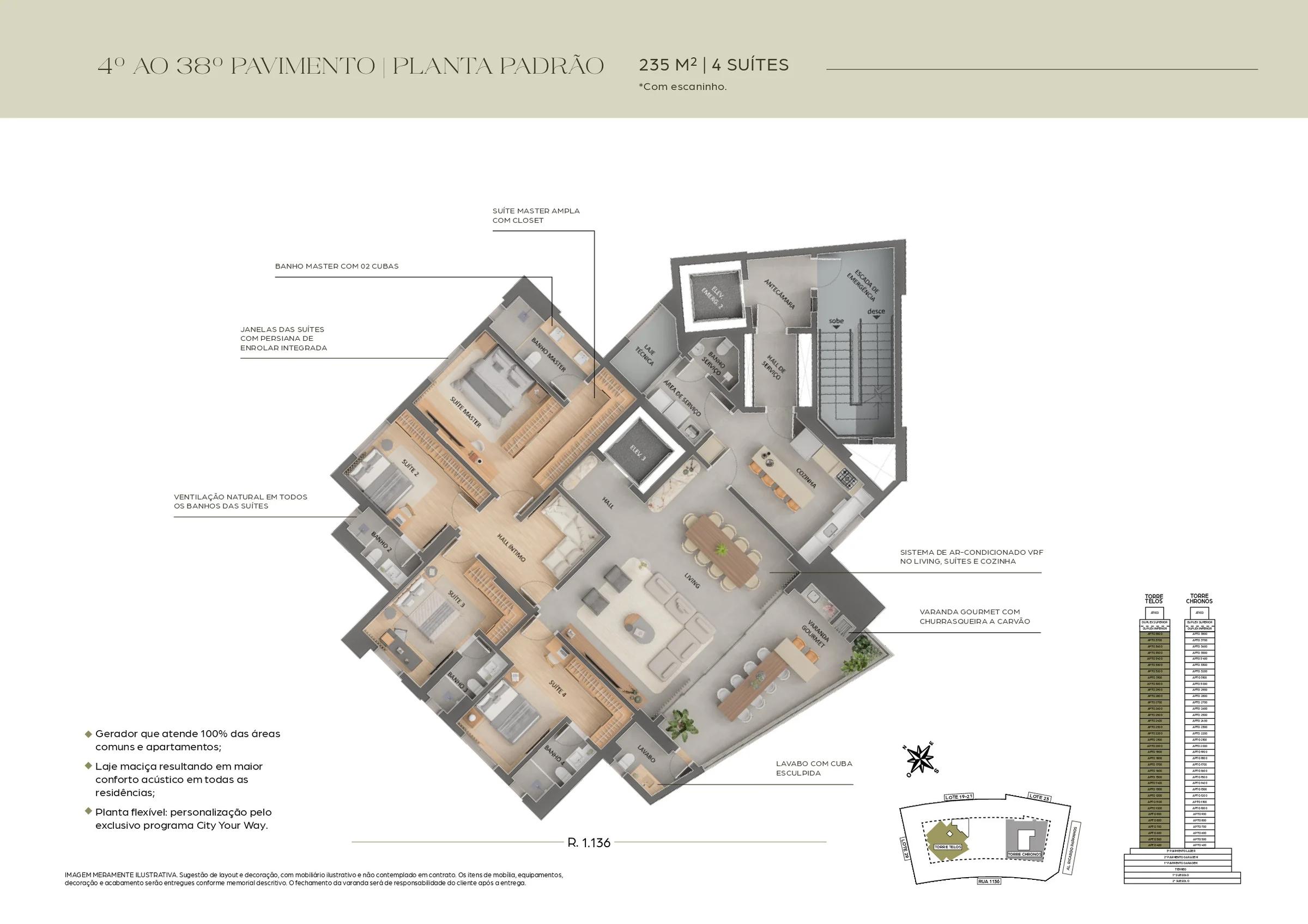 Planta — Torre Telos - Apartamento 235m² — Pavimento inferior