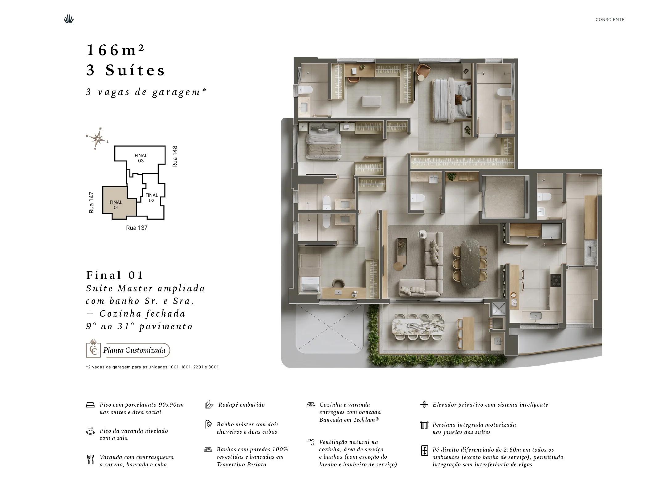 Planta — Apartamento 166m² a 176m² - 3 ou 4 Suítes (Final 01) — 3 suítes
