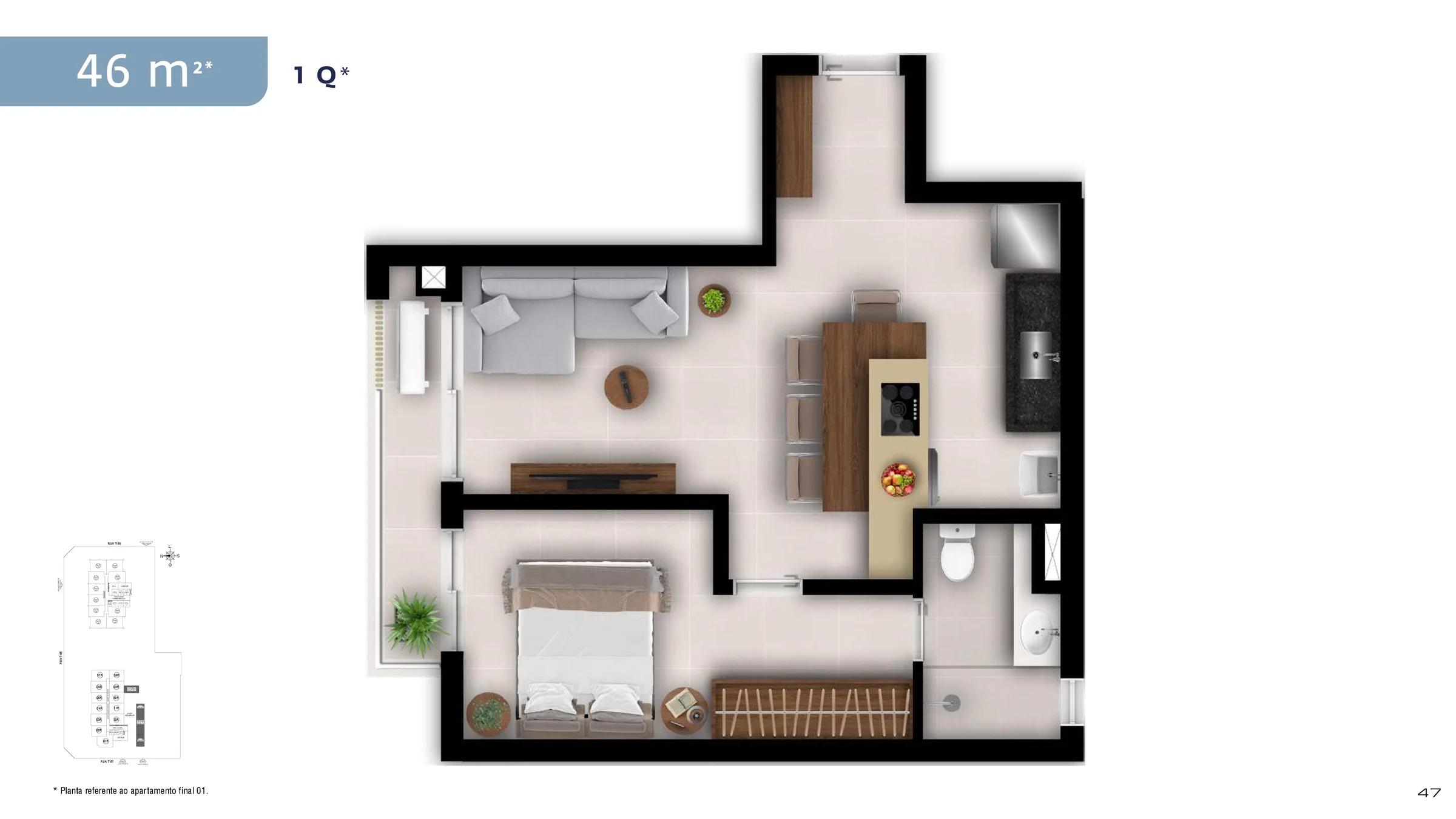 Planta — Apartamento 1 Quarto 43m² a 48m² — Pavimento inferior