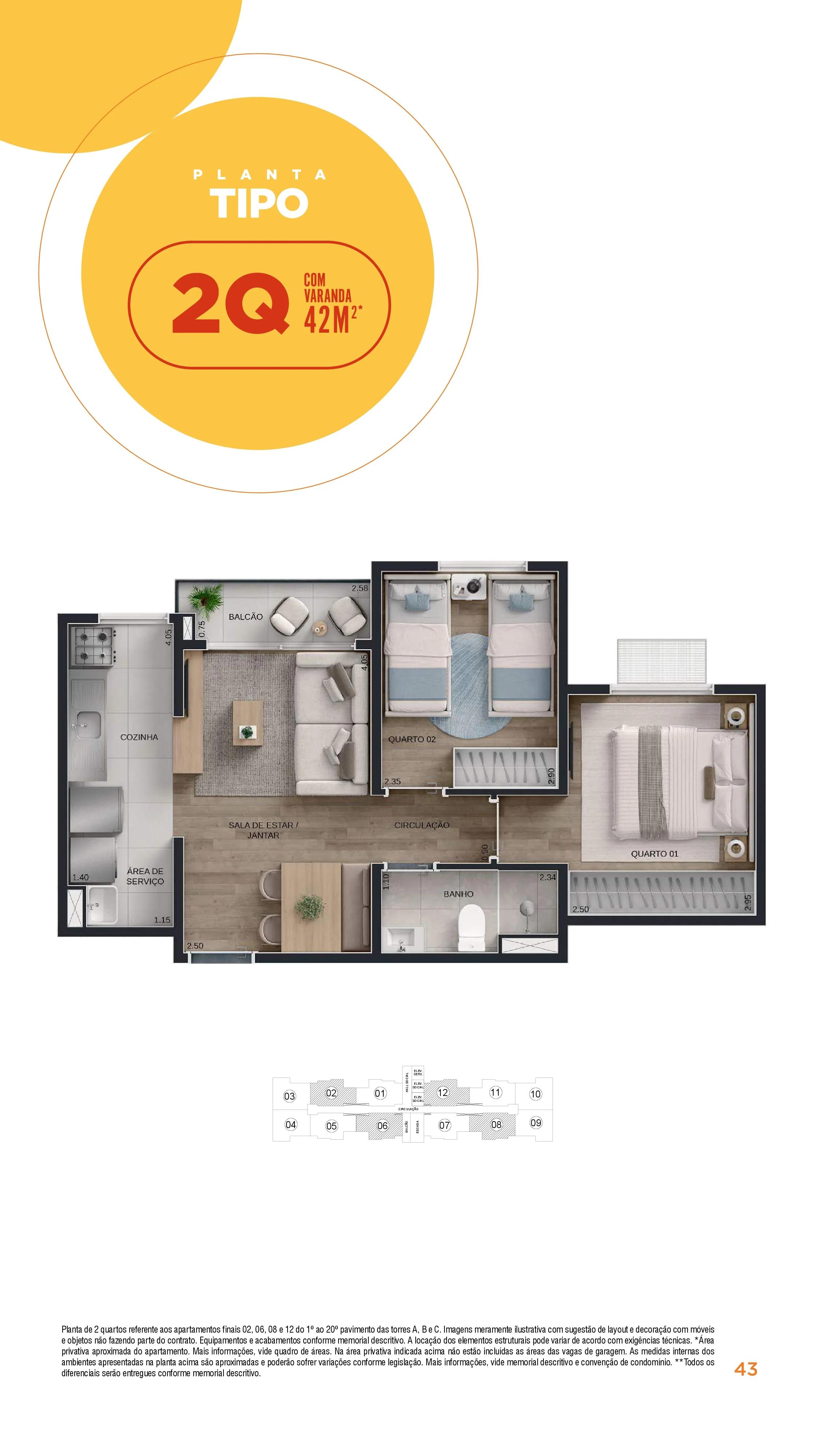 Planta — Apartamento 2 Quartos com Varanda 42m² — Pavimento inferior