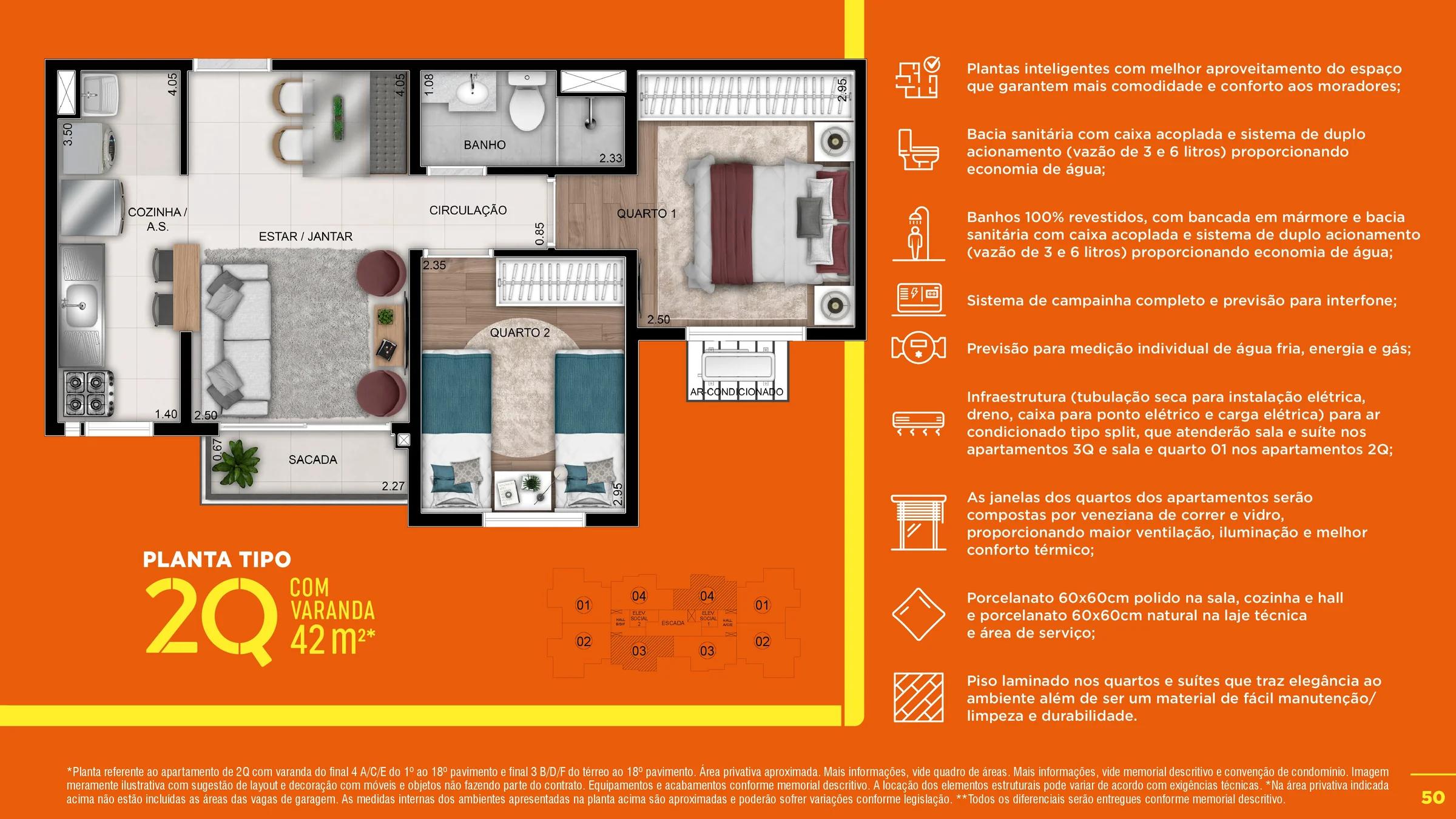 Planta — Apartamento 2 Quartos com Varanda 42m² — Pavimento inferior
