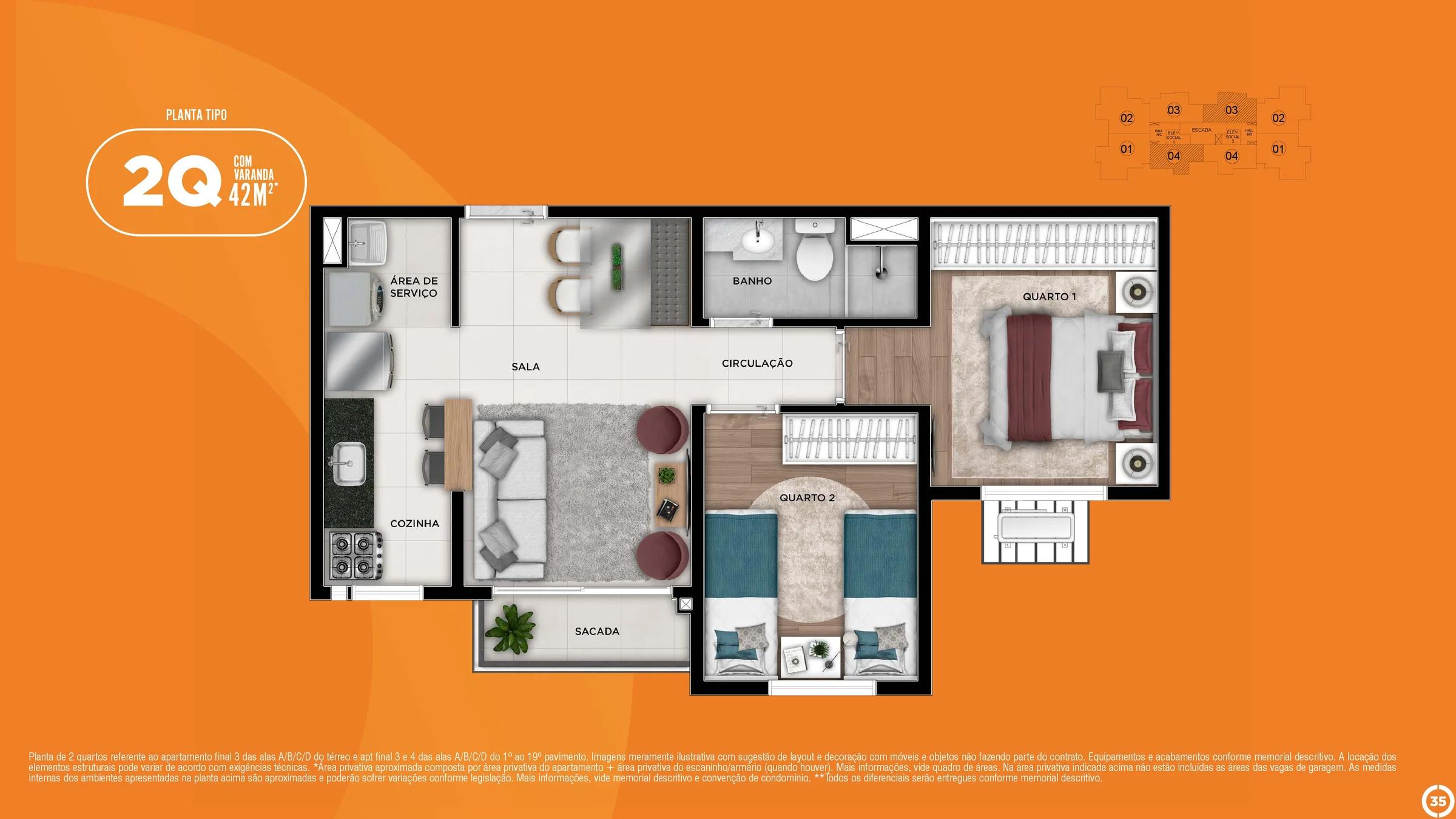 Planta — Apartamento 2 Quartos com Varanda 42m² — Pavimento inferior