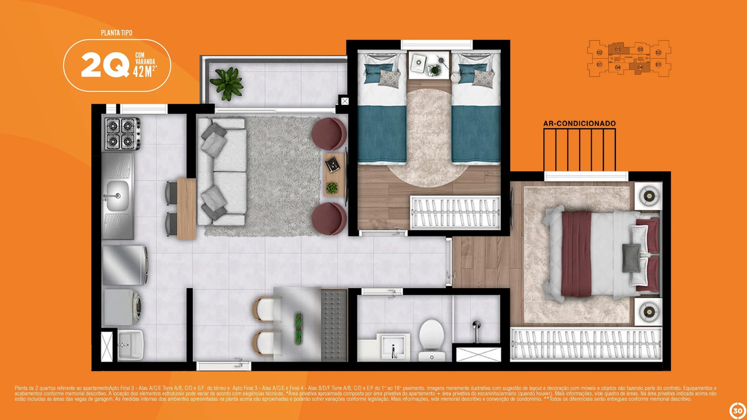 Planta — Apartamento 2 Quartos com Varanda 42m² — Pavimento inferior