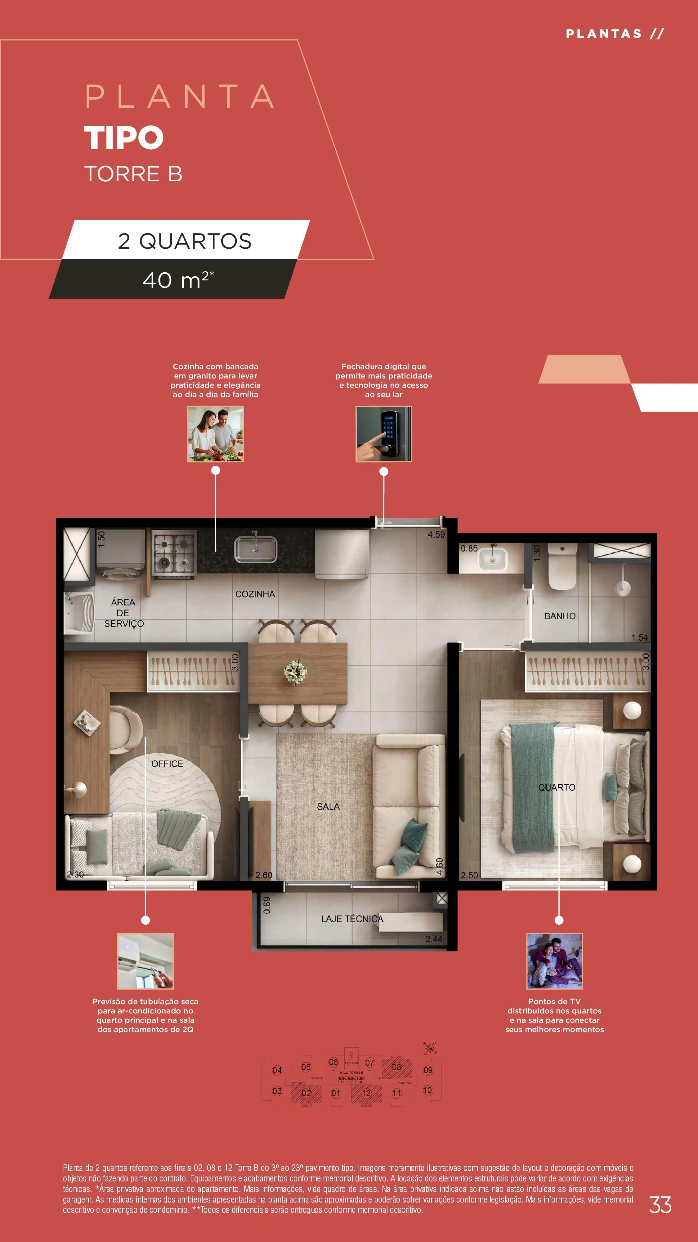 Planta — Apartamento 2 Quartos 40m² — Pavimento inferior