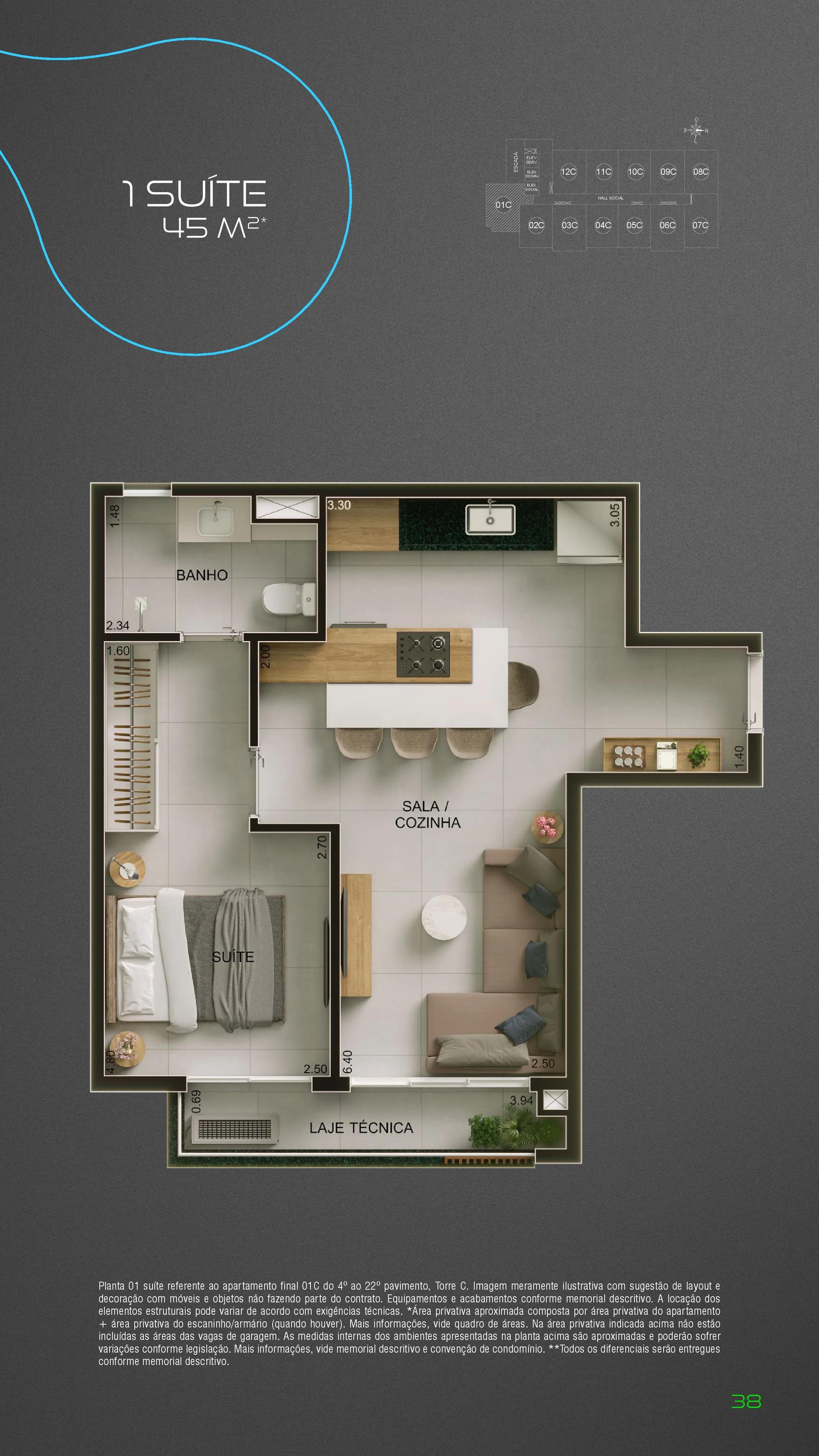 Planta — 1 Suíte 41m² a 45m² — Pavimento inferior