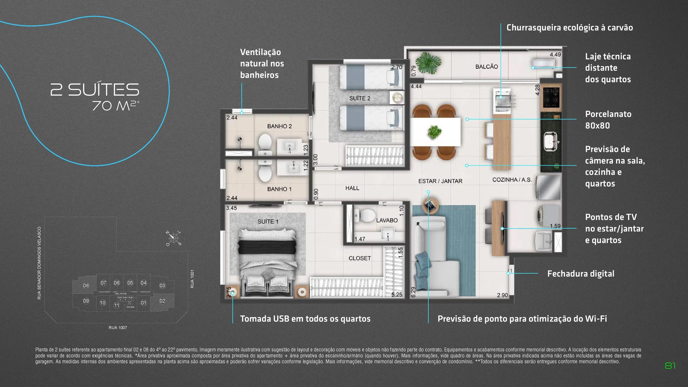 Planta — Apartamento 2 Suítes 70m² a 72m² — Pavimento inferior