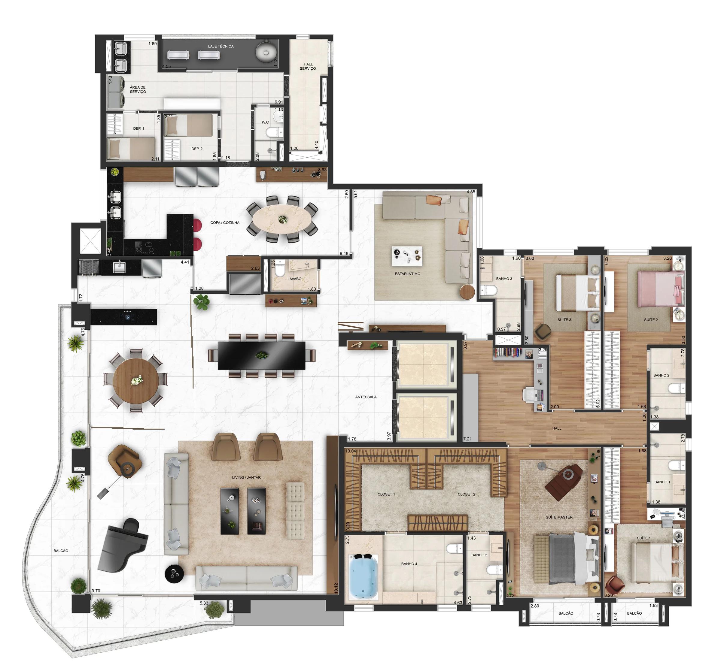 Planta — Apartamento Tipo 4 Suítes 430m² a 454m² — Pavimento inferior