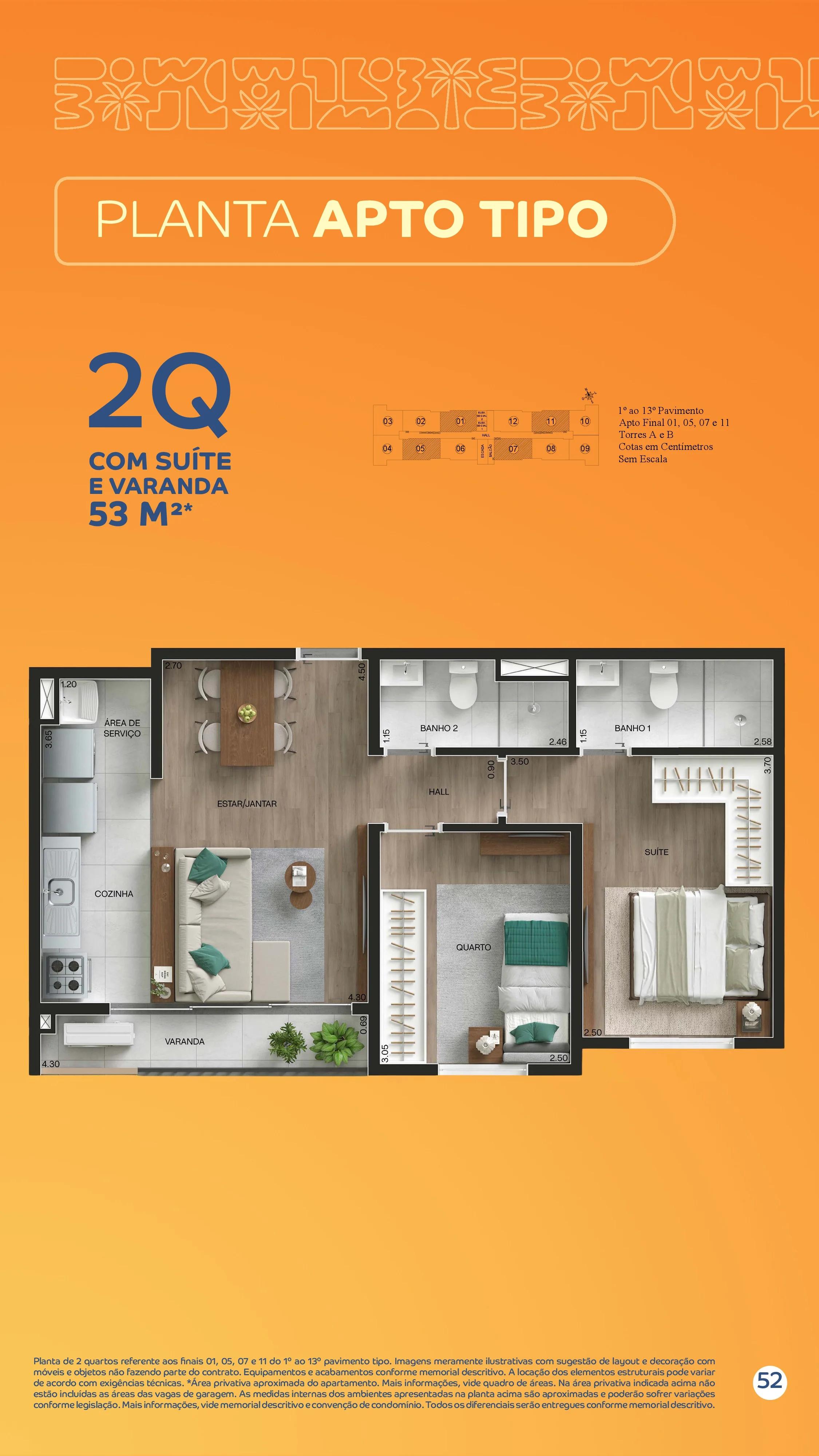 Planta — Apartamento 2 Quartos com Suíte - 53m² — Pavimento inferior