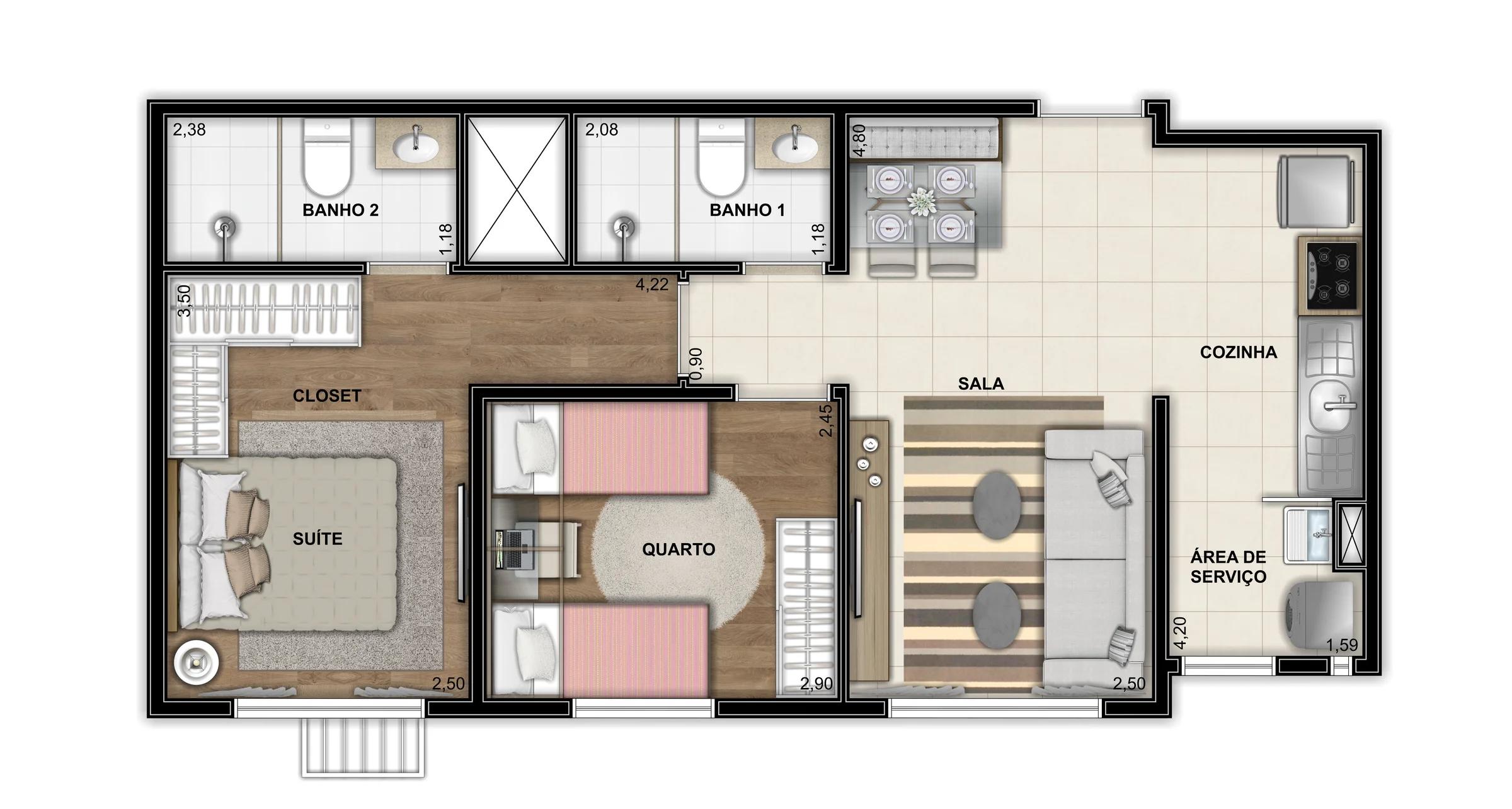 Planta — Apartamento 2 Quartos com Suíte - 50m² — Pavimento inferior