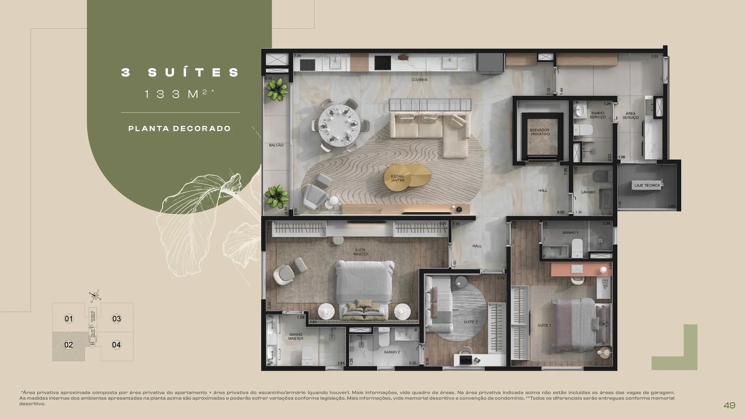 Planta — 3 Suítes - 133m² — Pavimento inferior