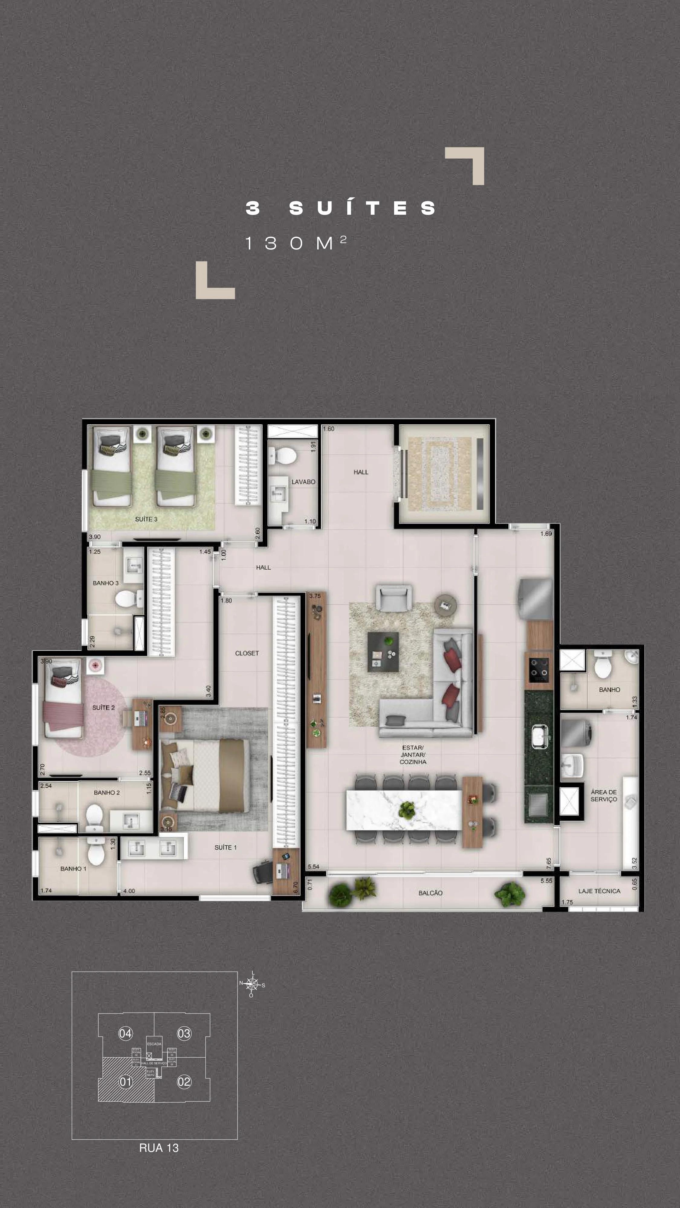 Planta — Apartamento 3 Suítes 130m² — Pavimento inferior