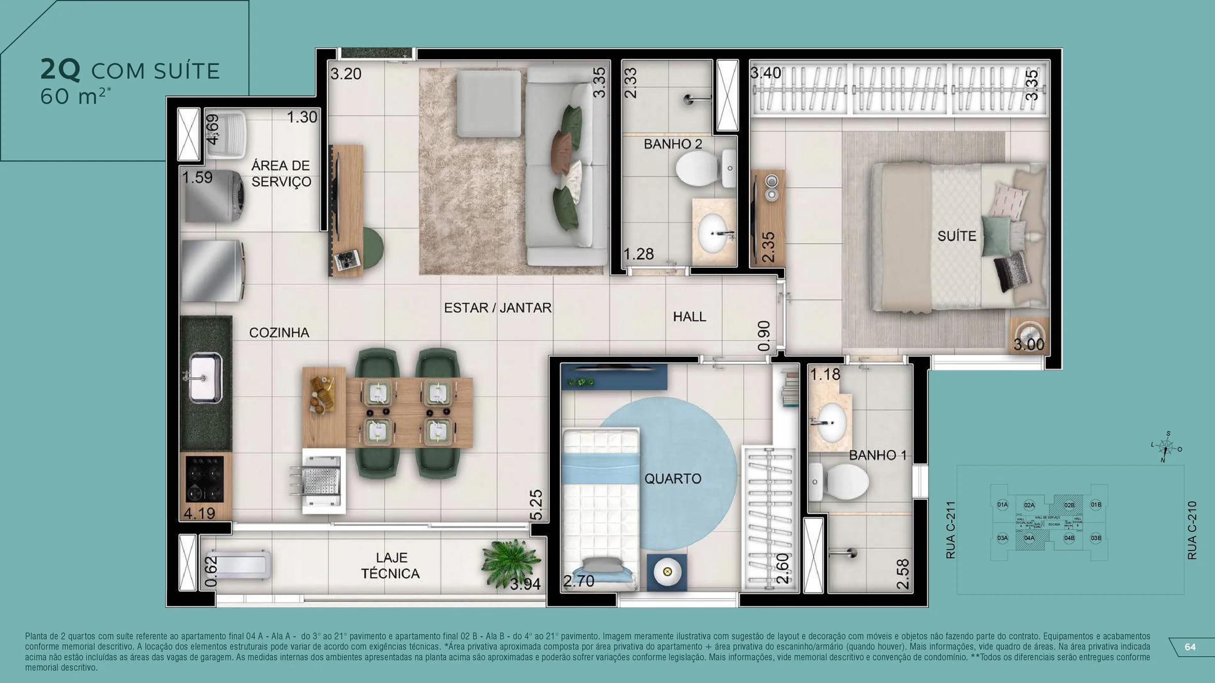 Planta — Apartamento 2 Quartos com Suíte 60m² — Pavimento inferior