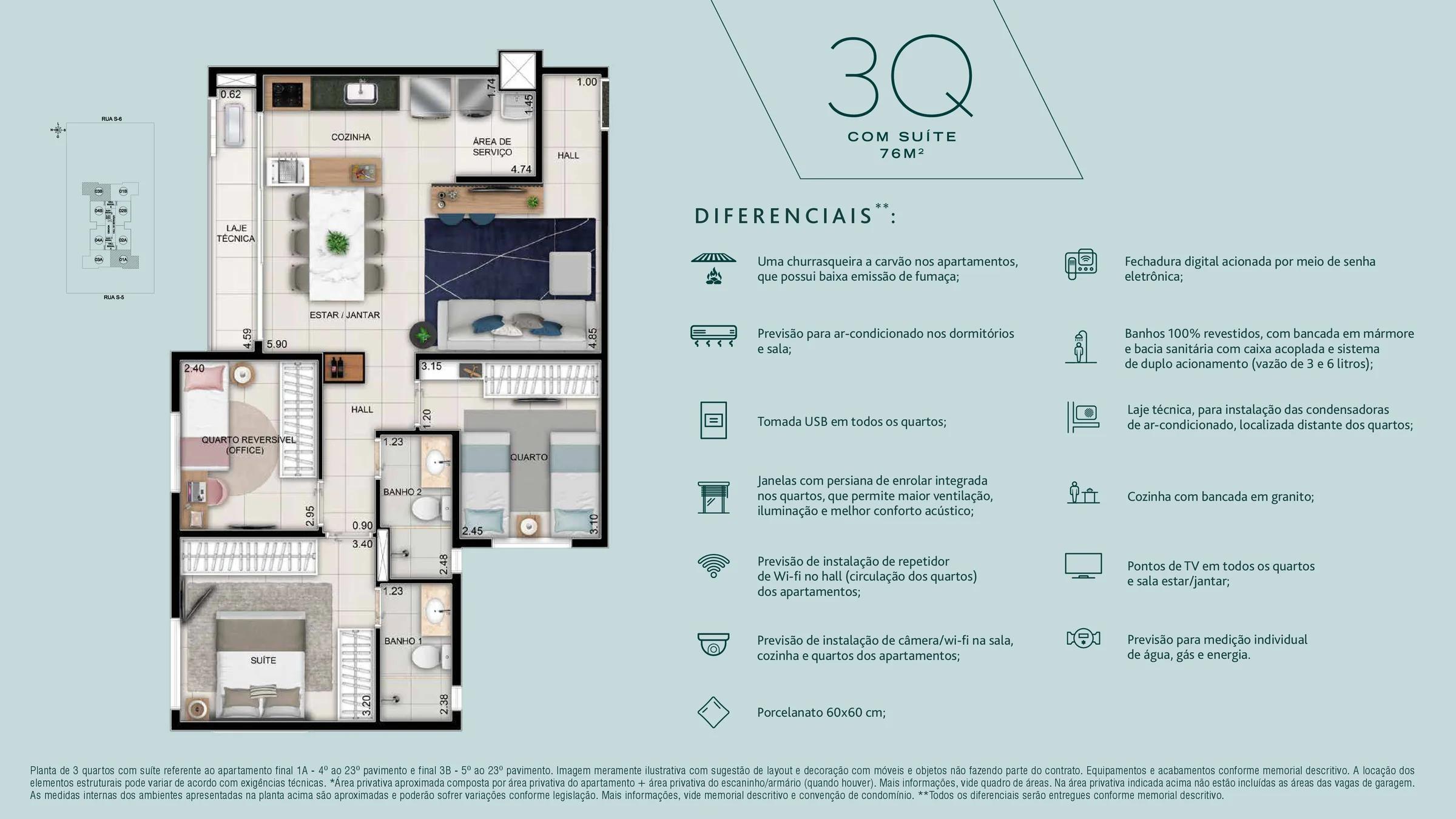 Planta — Apartamento 2 Quartos com Suíte 59m² — Pavimento inferior