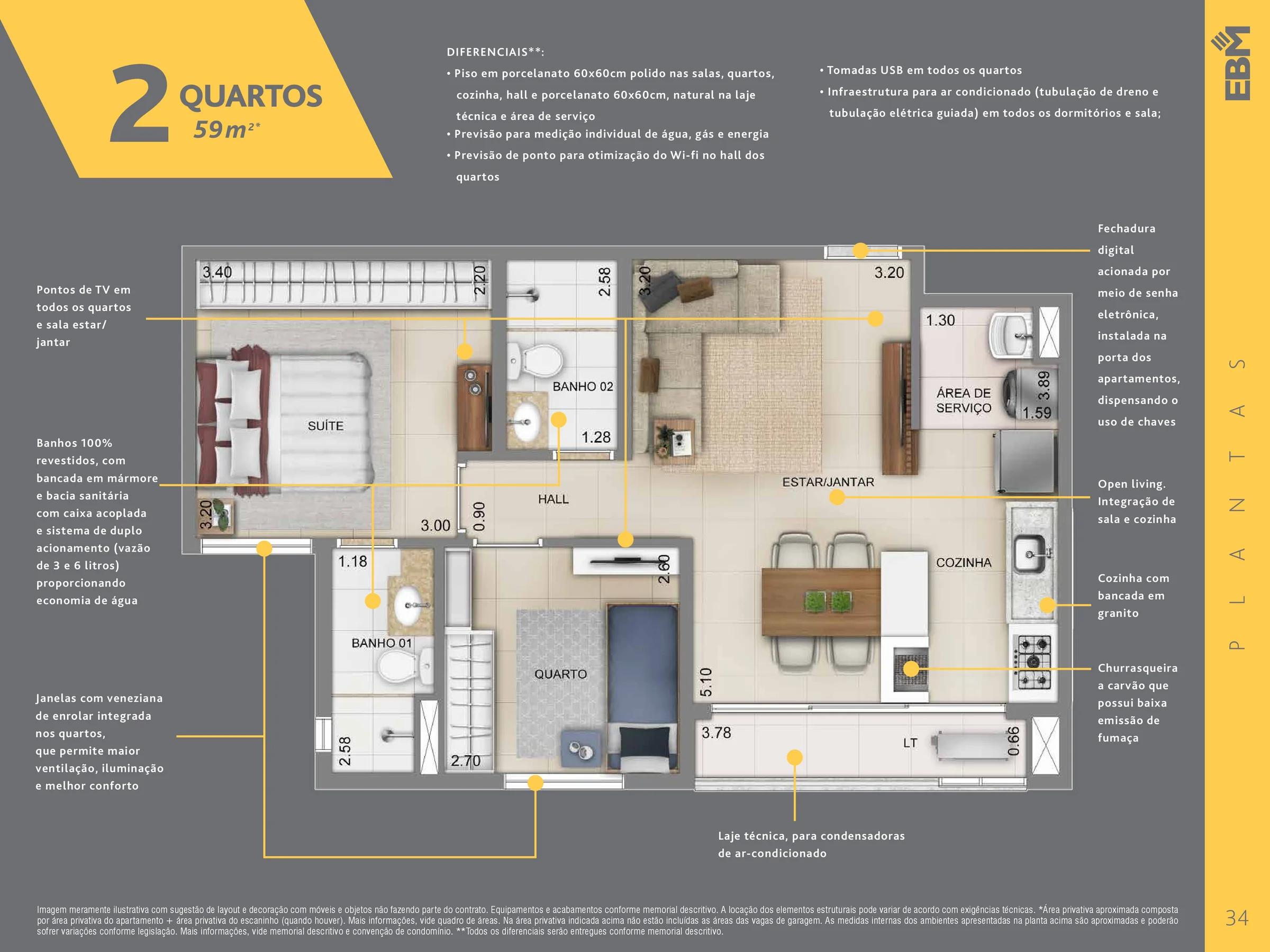 Planta — Apartamento 2 Quartos (1 Suíte) — Pavimento inferior
