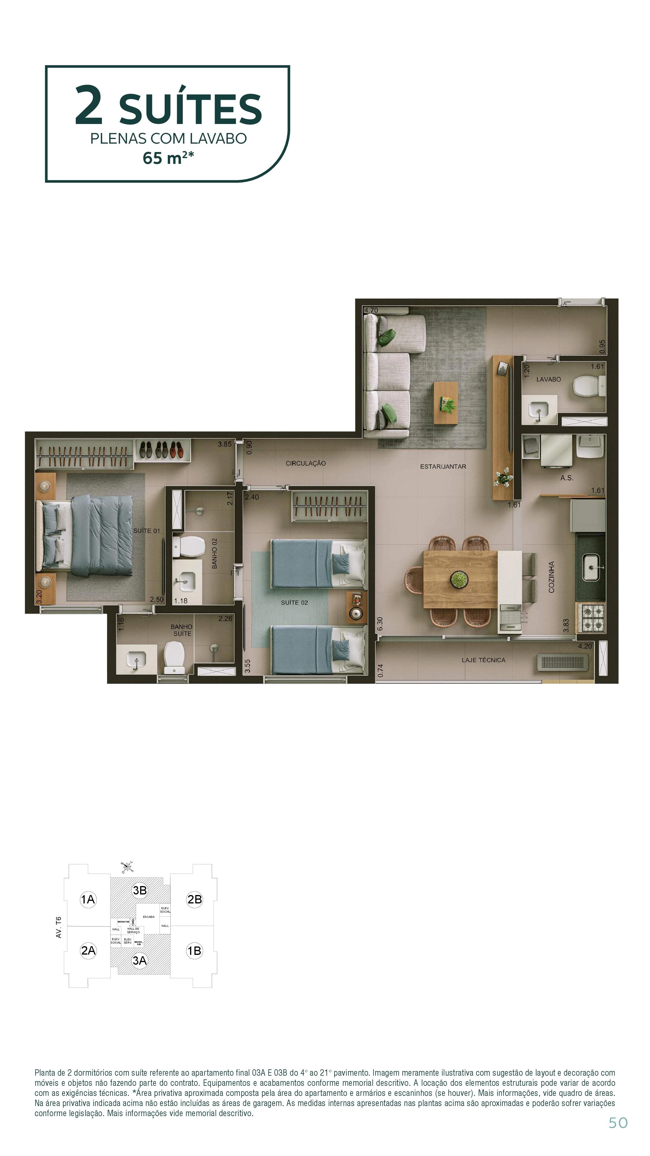 Planta — Apartamento 2 Suítes com Lavabo 65m² — Pavimento inferior