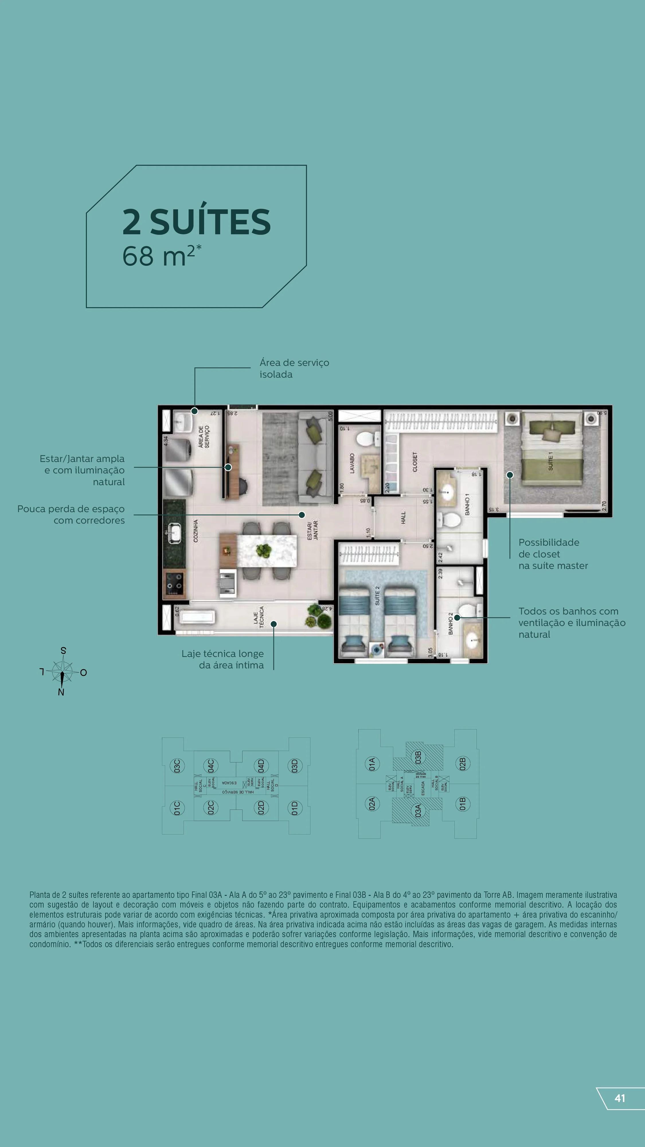 Planta — Apartamento 2 Suítes 68m² — Pavimento inferior