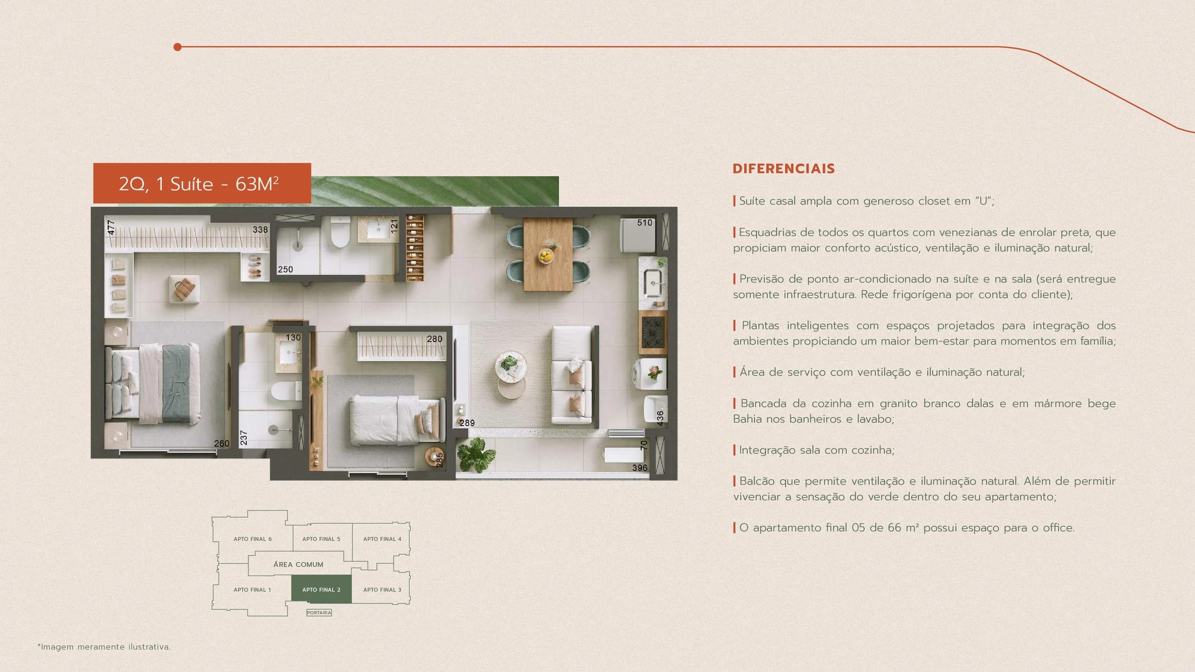 Planta — Apartamento 2 Quartos (1 Suíte) - 63m² — Pavimento inferior