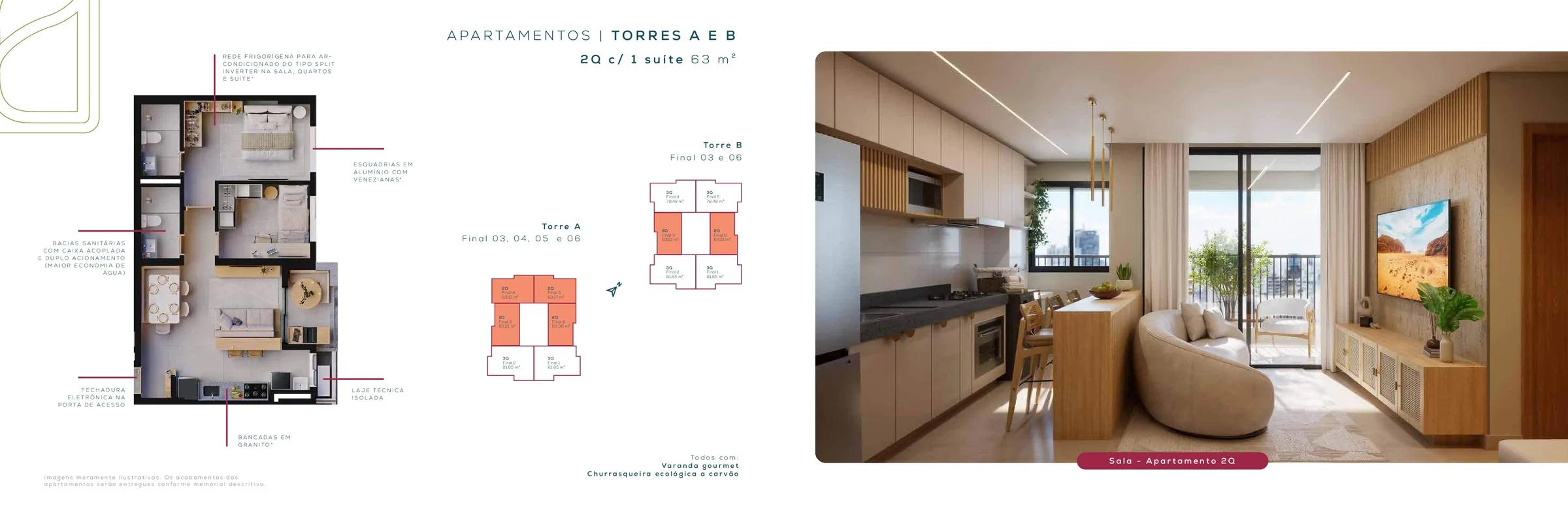 Planta — Apartamento 2 Quartos com Suíte - 63 m² — Pavimento inferior