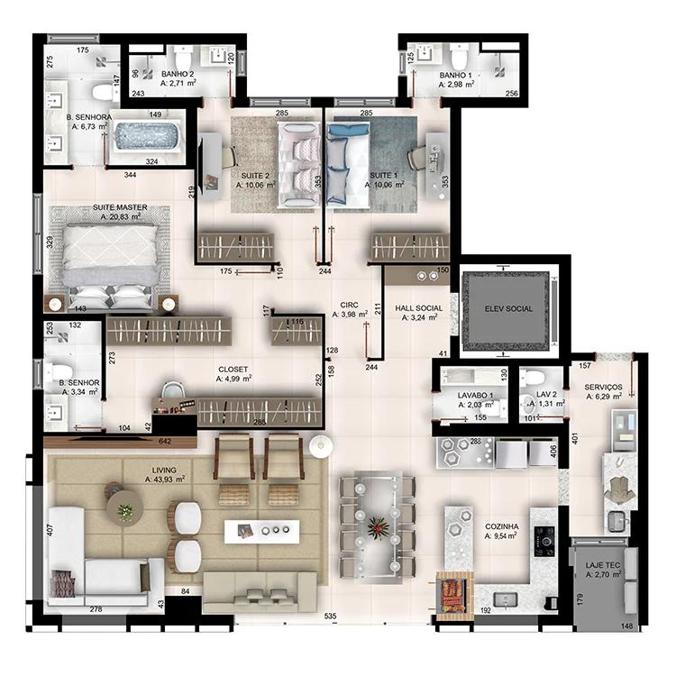 Planta — Apartamento 160m² a 171m² - 3 ou 4 Suítes — 3 suítes · tipo 1