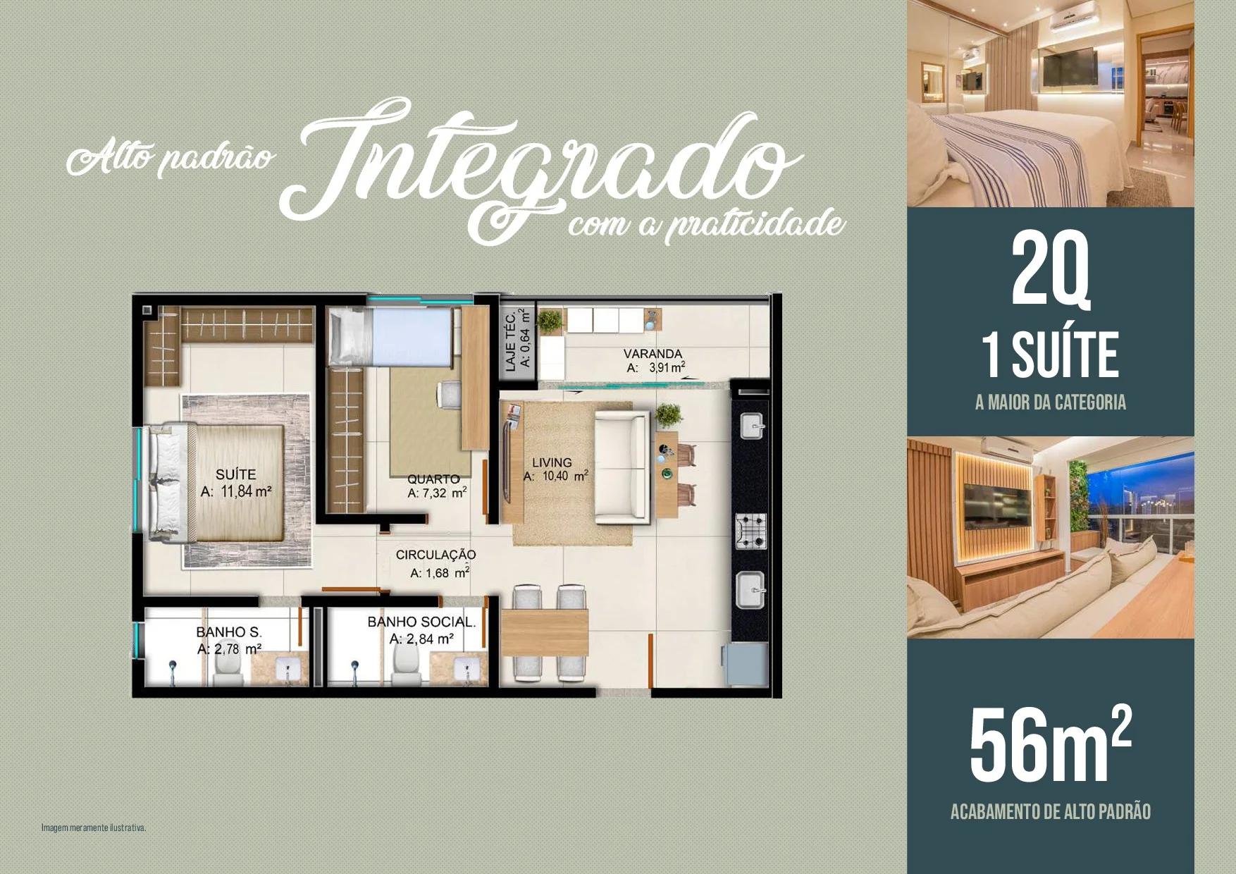 Planta — Apartamento 2 Quartos (1 Suíte) - 56m² — Pavimento inferior