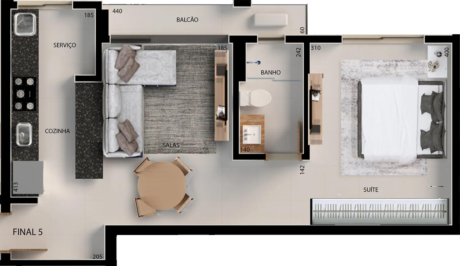 Planta — Apartamento 1 Suíte - 48m² — Pav. 5 ao 29 · Final 5 · 48,76 m²