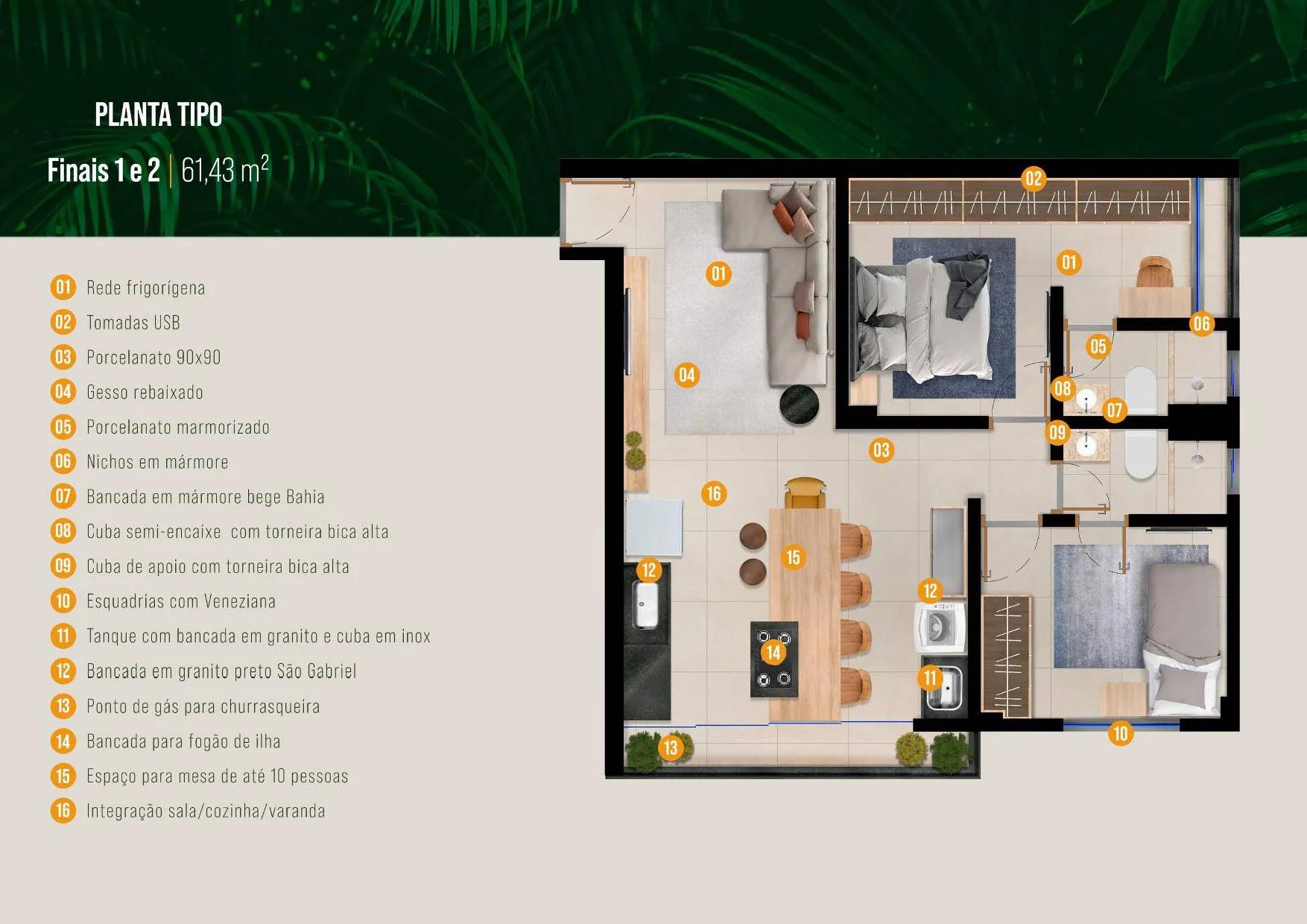 Planta — Apartamento 2 Quartos (1 Suíte + 1 Suíte Reversível) - 59,97 a 61,43 m² — Pavimento inferior