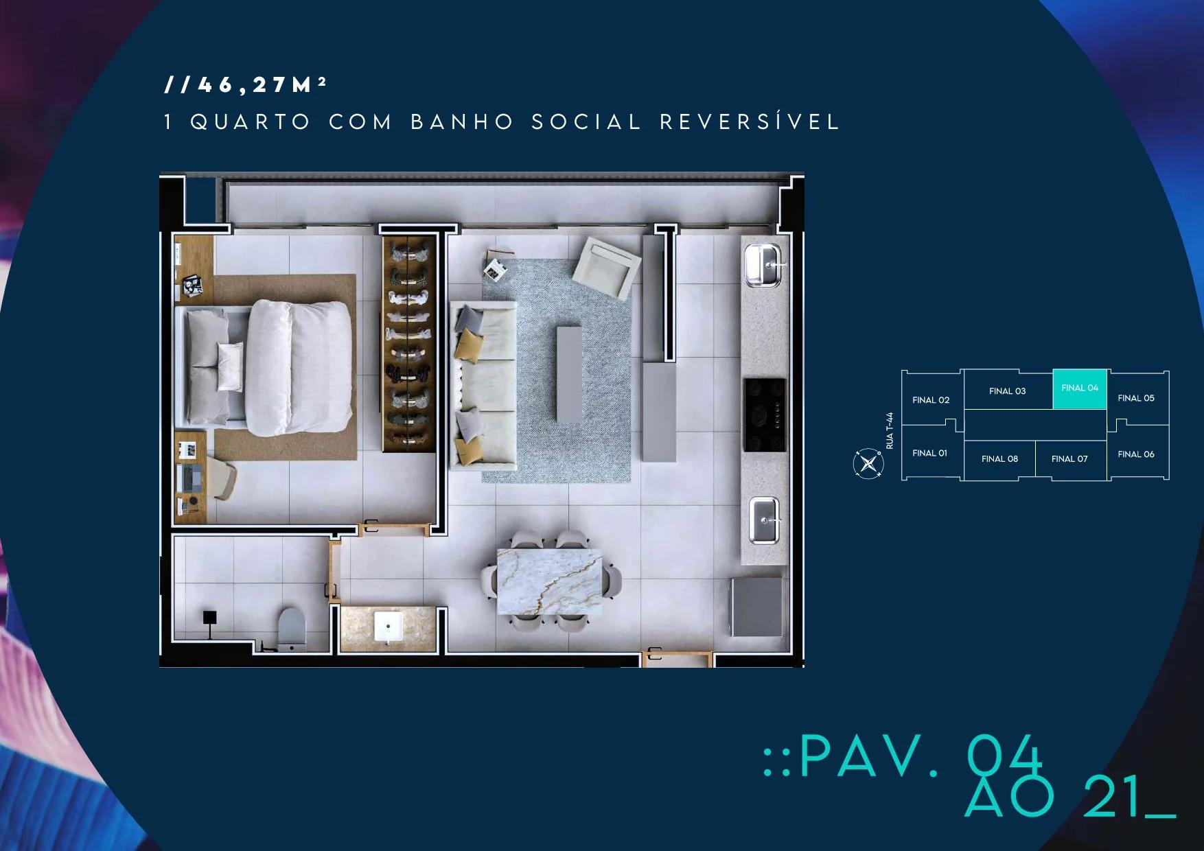 Planta — Apartamento 46m² - 1 Quarto — Pavimento inferior
