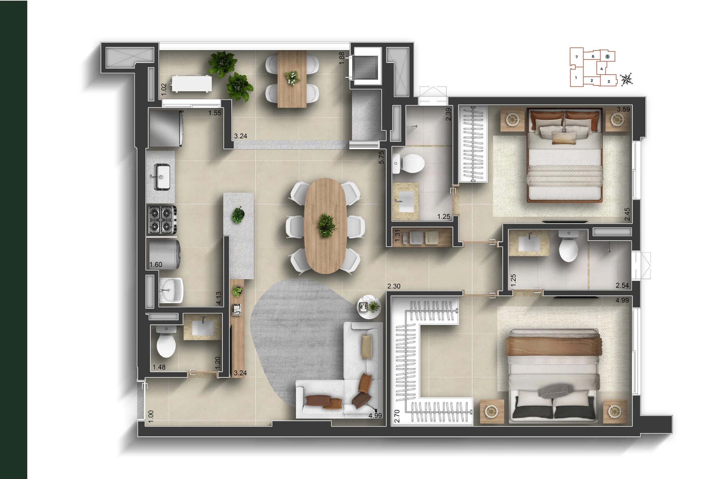 Planta — Apartamento 78 m² - 2 Suítes — Pavimento inferior