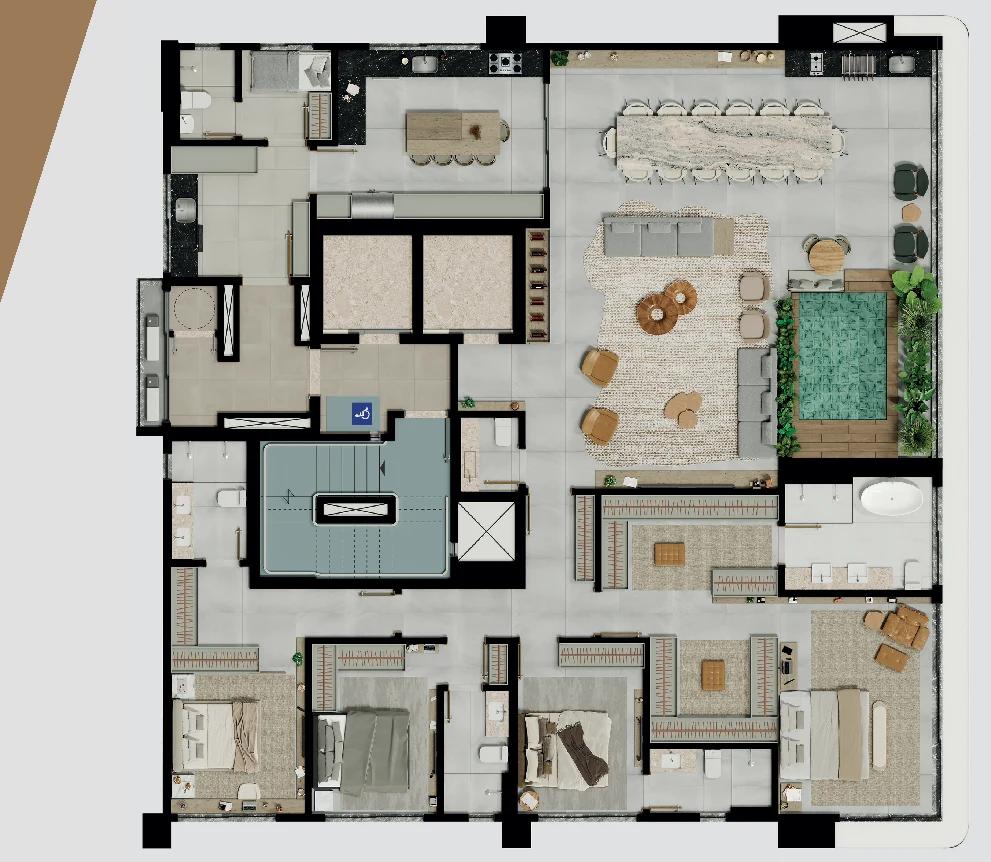 Planta — Apartamento Tipo 264m² - 3 ou 4 Suítes — Sala ampliada