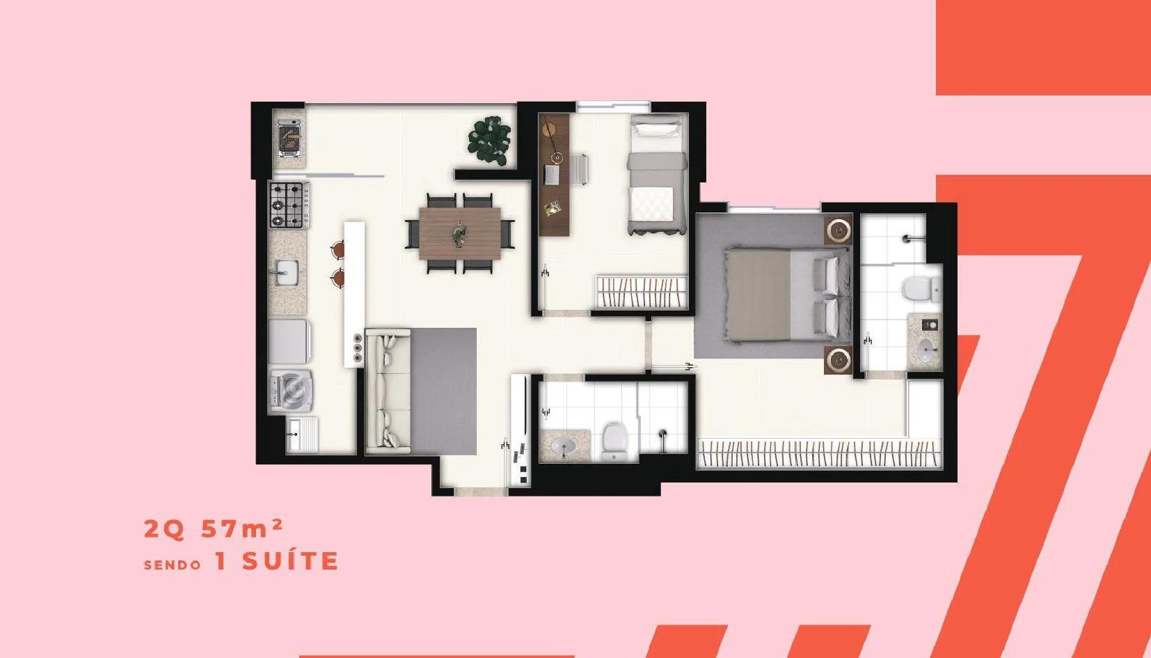 Planta — Apartamento 2 Quartos com 1 Suíte - 57 a 58m² — Pavimento inferior