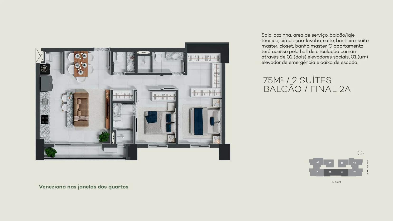 Planta — Apartamento 75m² - 2 Suítes — Pavimento inferior