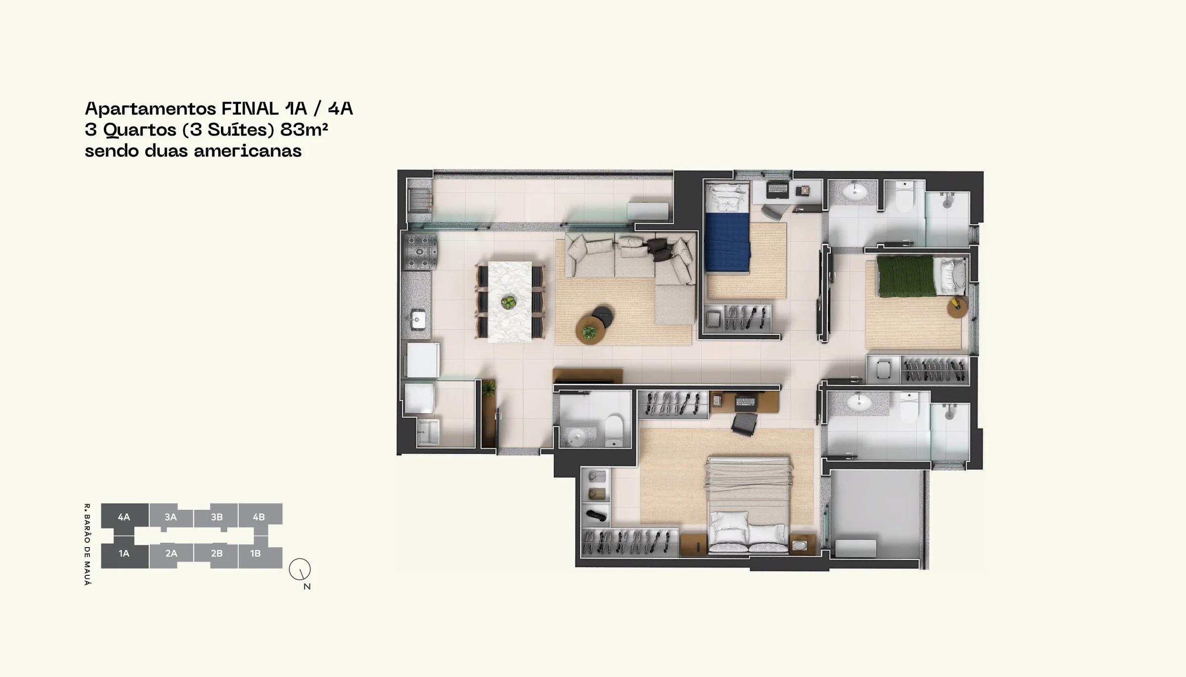 Planta — Apartamento 2 Quartos (1 Suíte) - 60m² a 61m² — Pavimento inferior