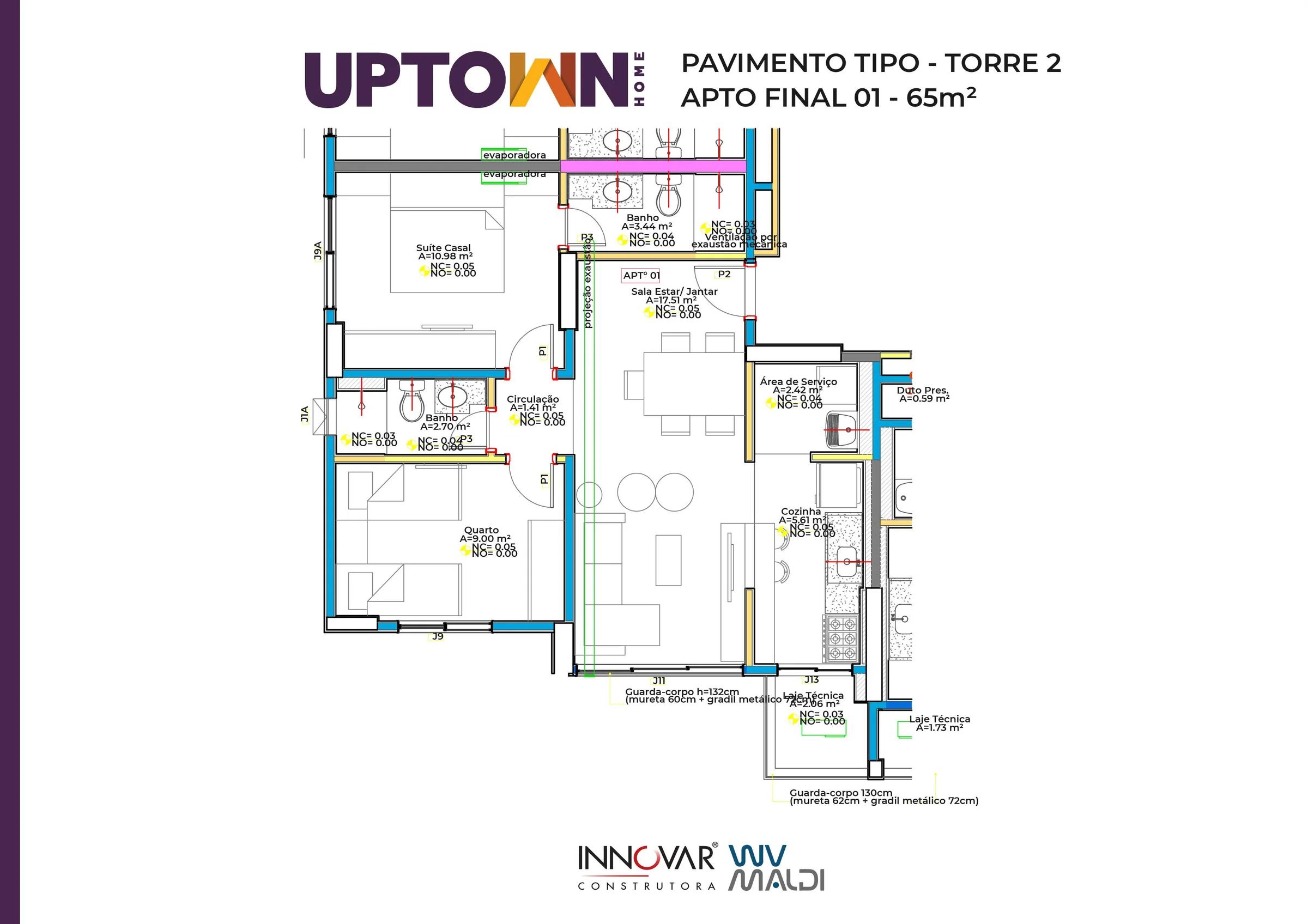 Planta — Apartamento 2 Quartos (1 Suíte) 65m² — Pavimento inferior