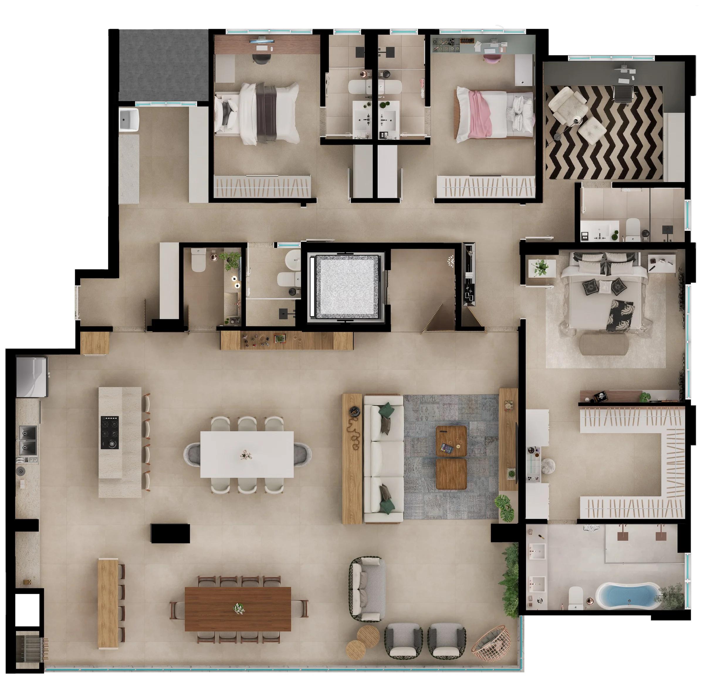 Planta — Apartamento 4 Suítes 260m² — Planta do decorado
