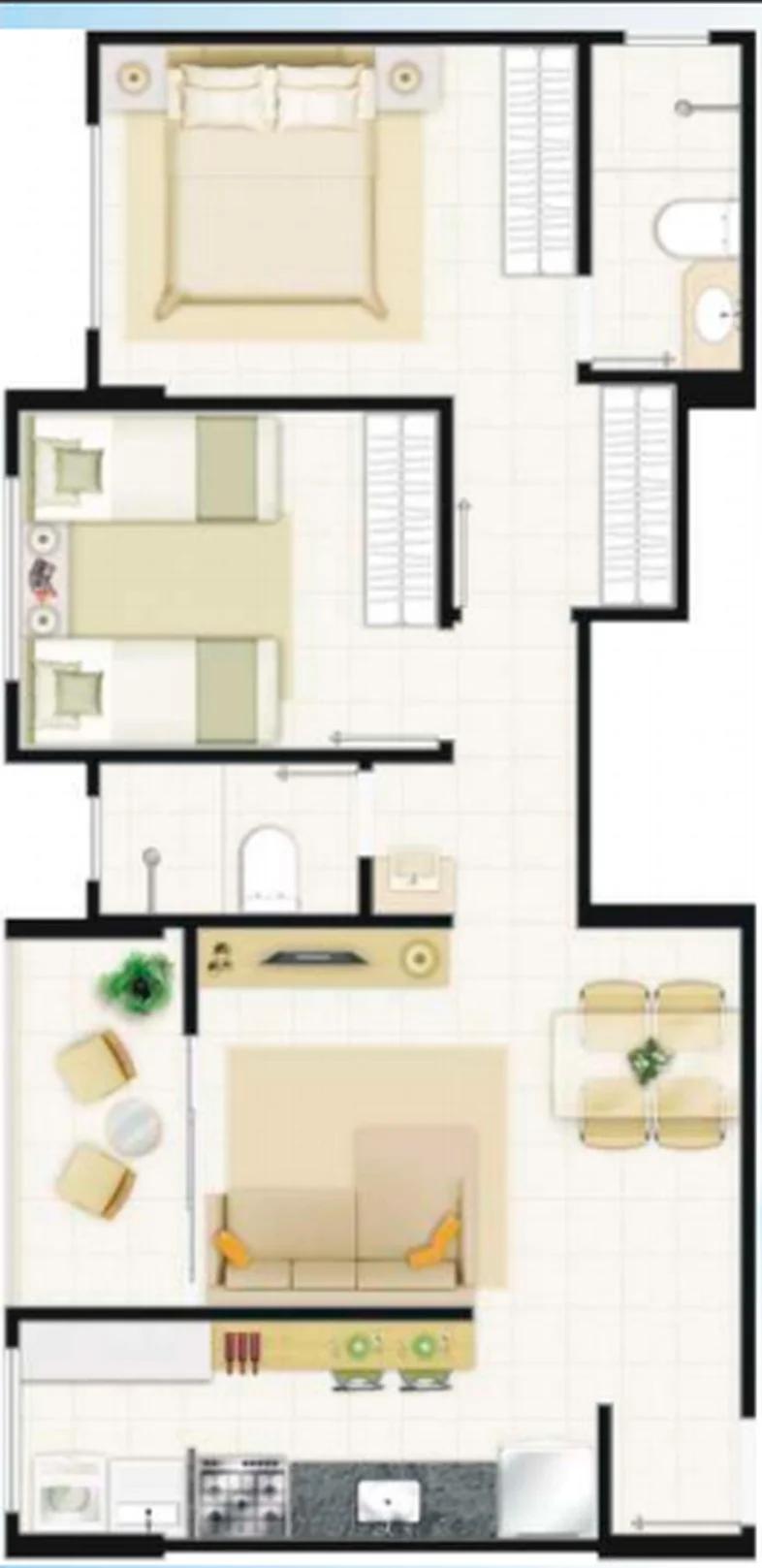 Planta — Apartamento 2 Quartos com Suíte - 51m² a 58m² — Pavimento inferior