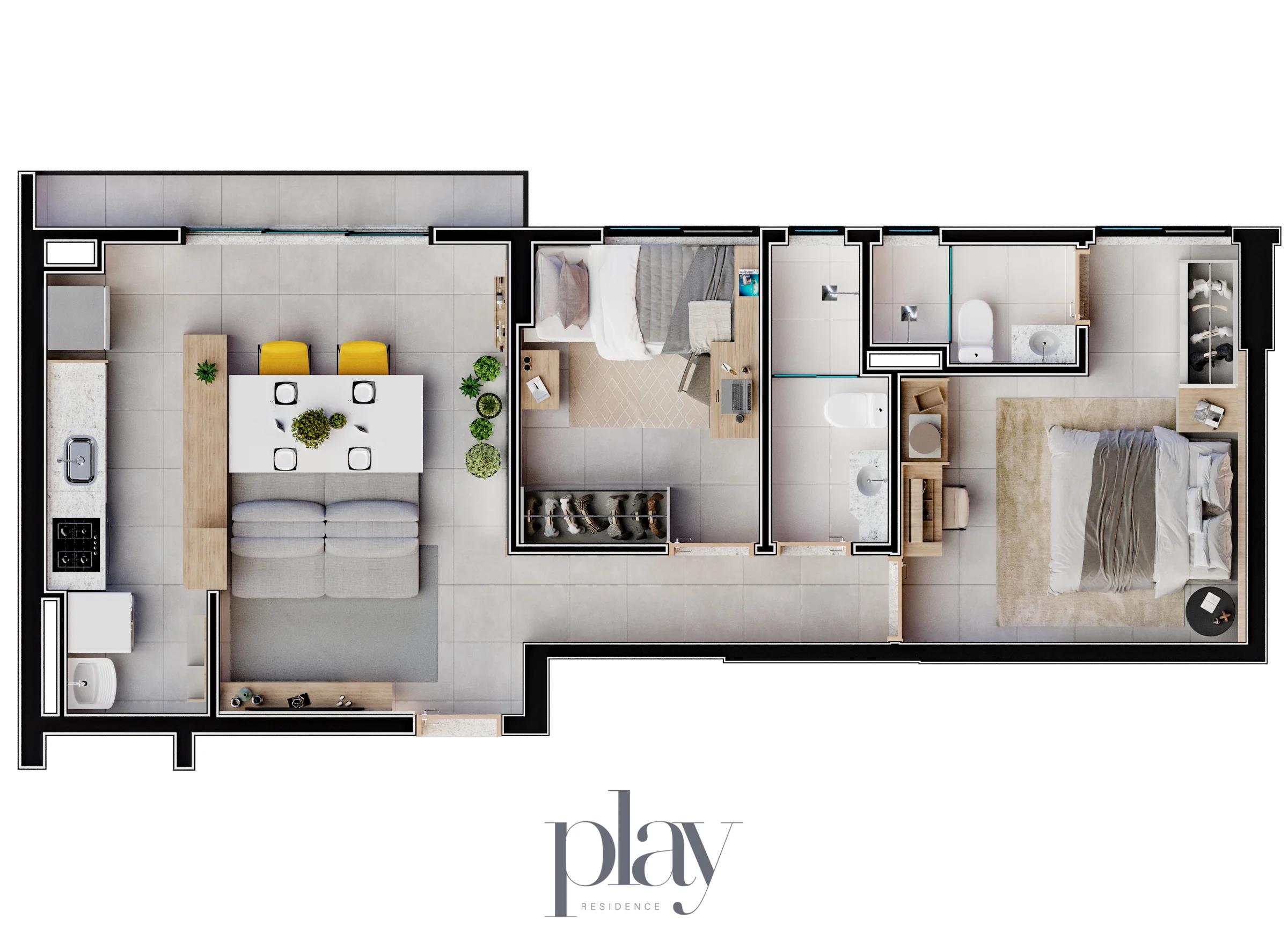 Planta — Apartamento 2 Quartos com 1 Suíte 63m² — Apartamento B · 63 m²