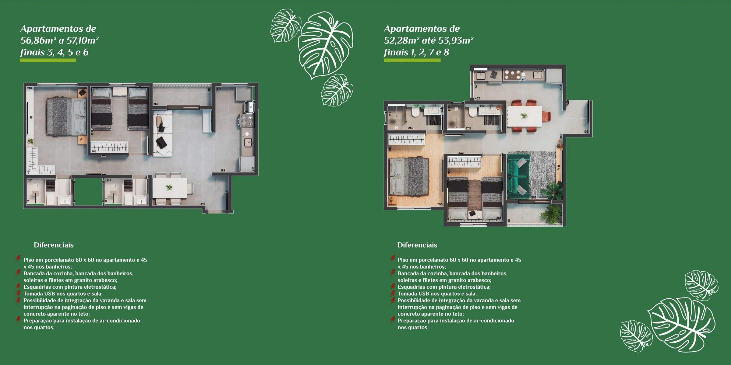 Planta — Apartamento 2 Quartos com Suíte - 52m² a 54m² (Finais 1, 2, 7 e 8) — Pavimento inferior